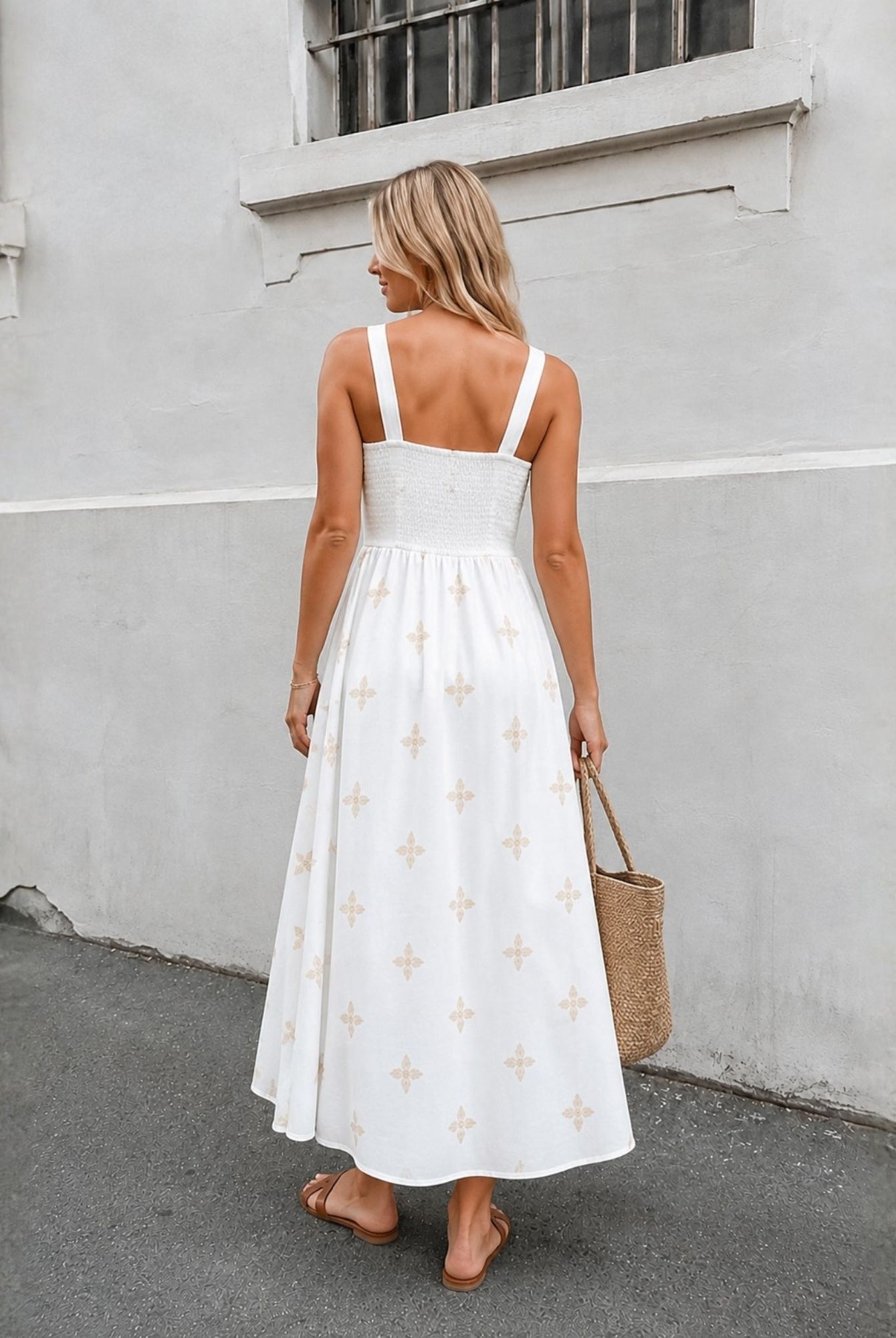 Women's white floral maxi dress styled outfit by Esther & Co