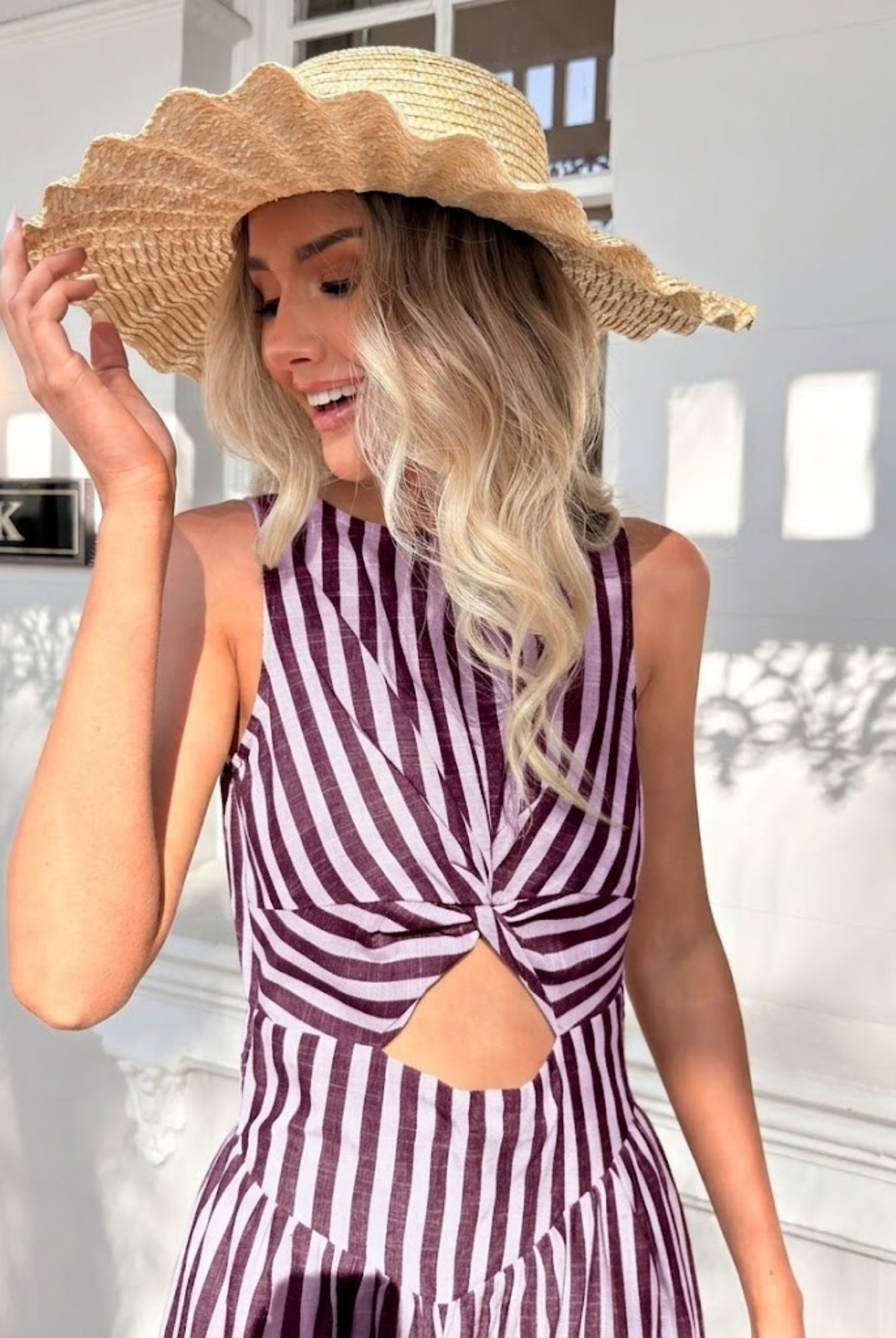Women's plum stripe linen midi dress, the Athisa Dress in Plum Stripe by Esther & Co