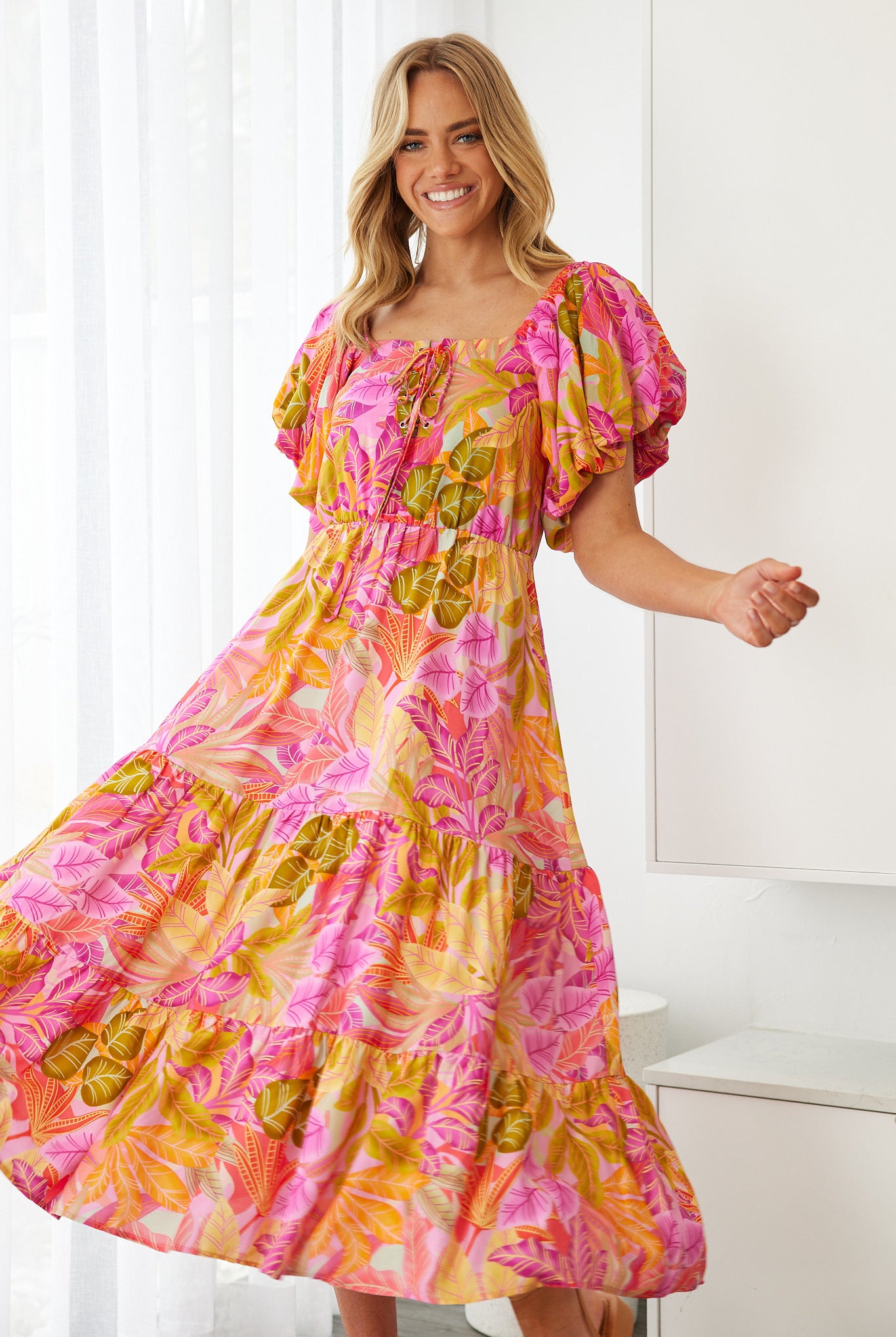 Axelle Dress in Sunset Print sunset print square neckline dress back view