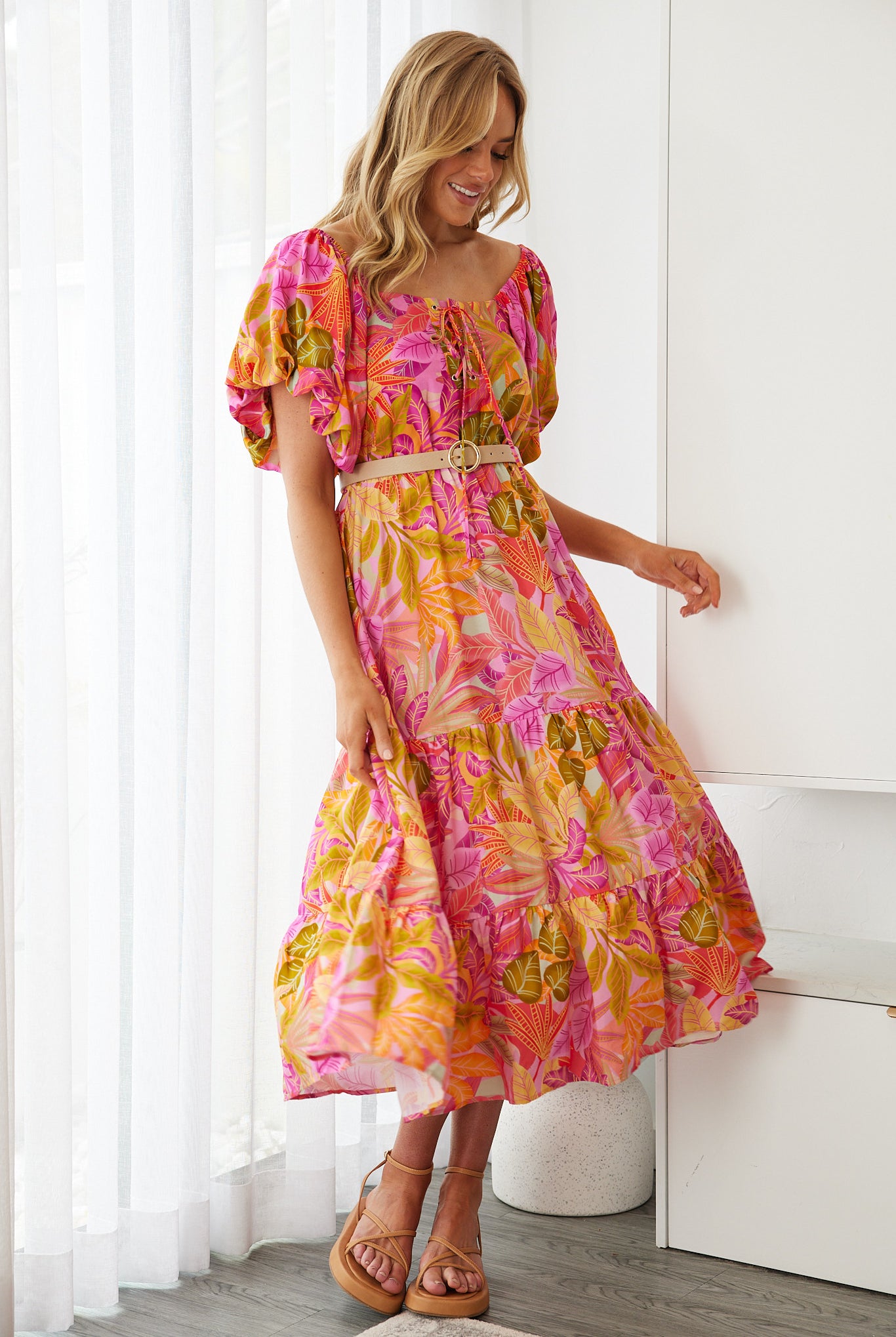 Axelle Dress in Sunset Print sunset print womens dress styled look