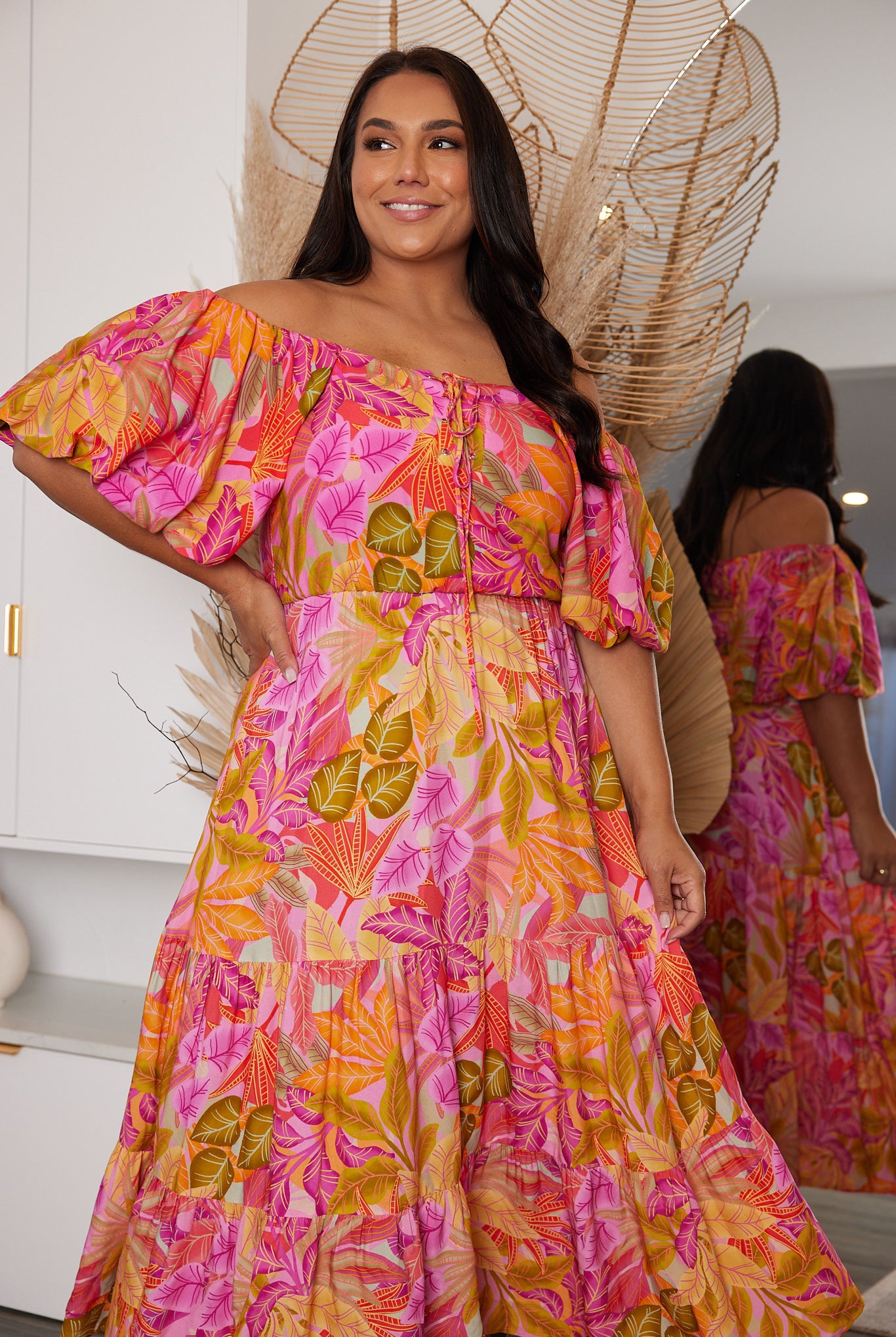 Axelle Dress in Sunset Print sunset abstract print midi dress side view