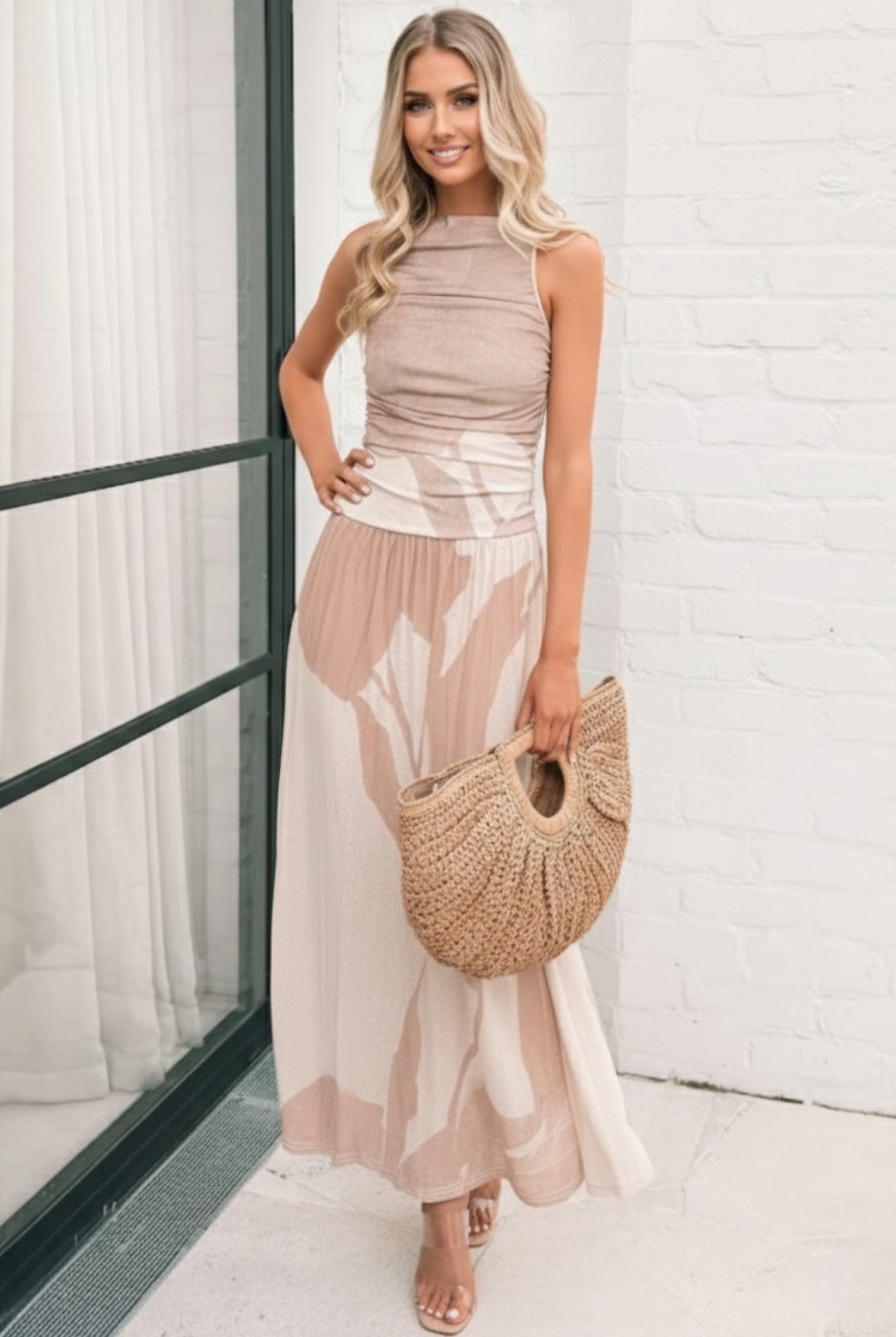 Balayage Dress in Beige Floral womens beige floral maxi dress styled outfit