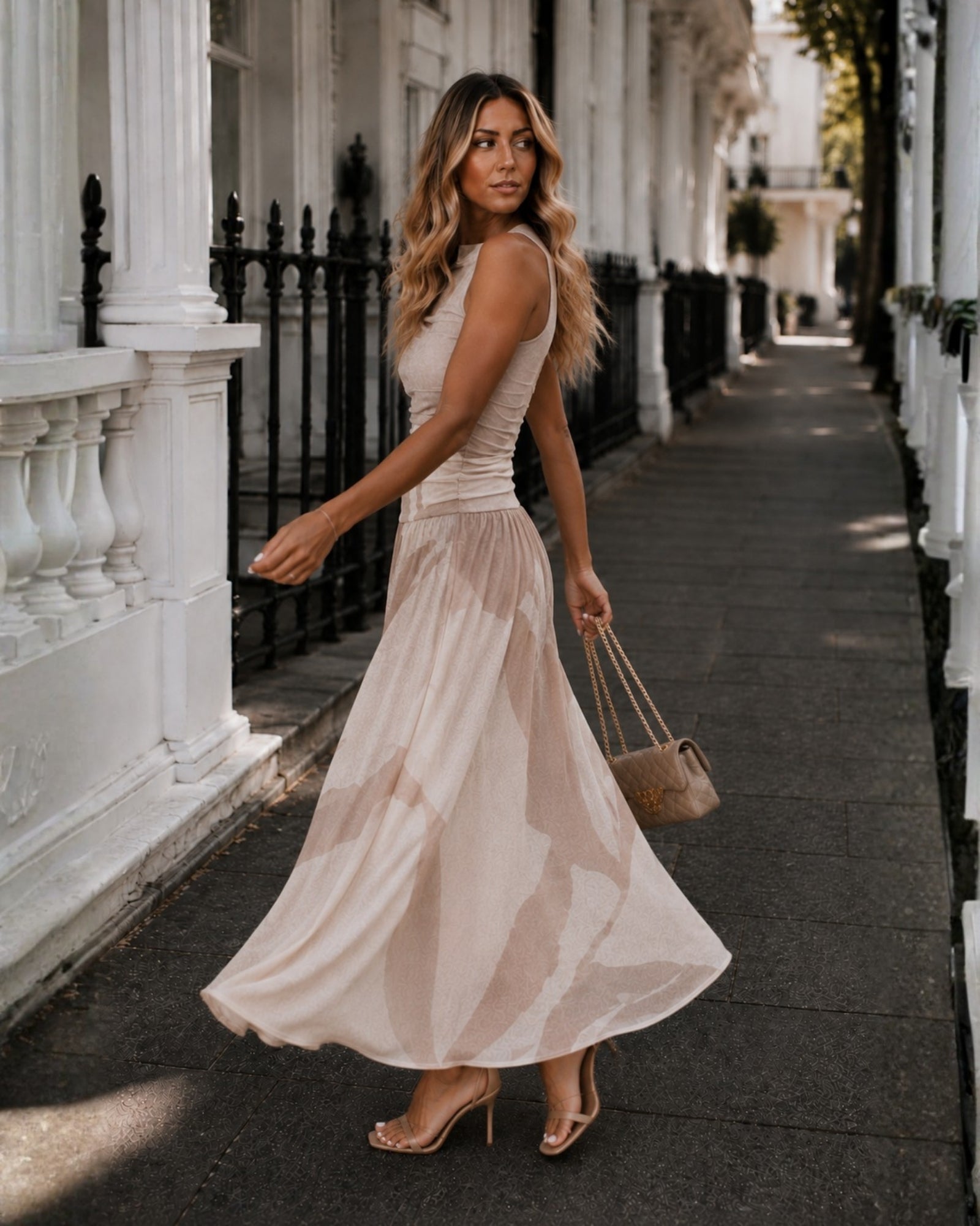 Women's beige floral maxi dress side view, the Balayage Dress in Beige Floral by Esther & Co
