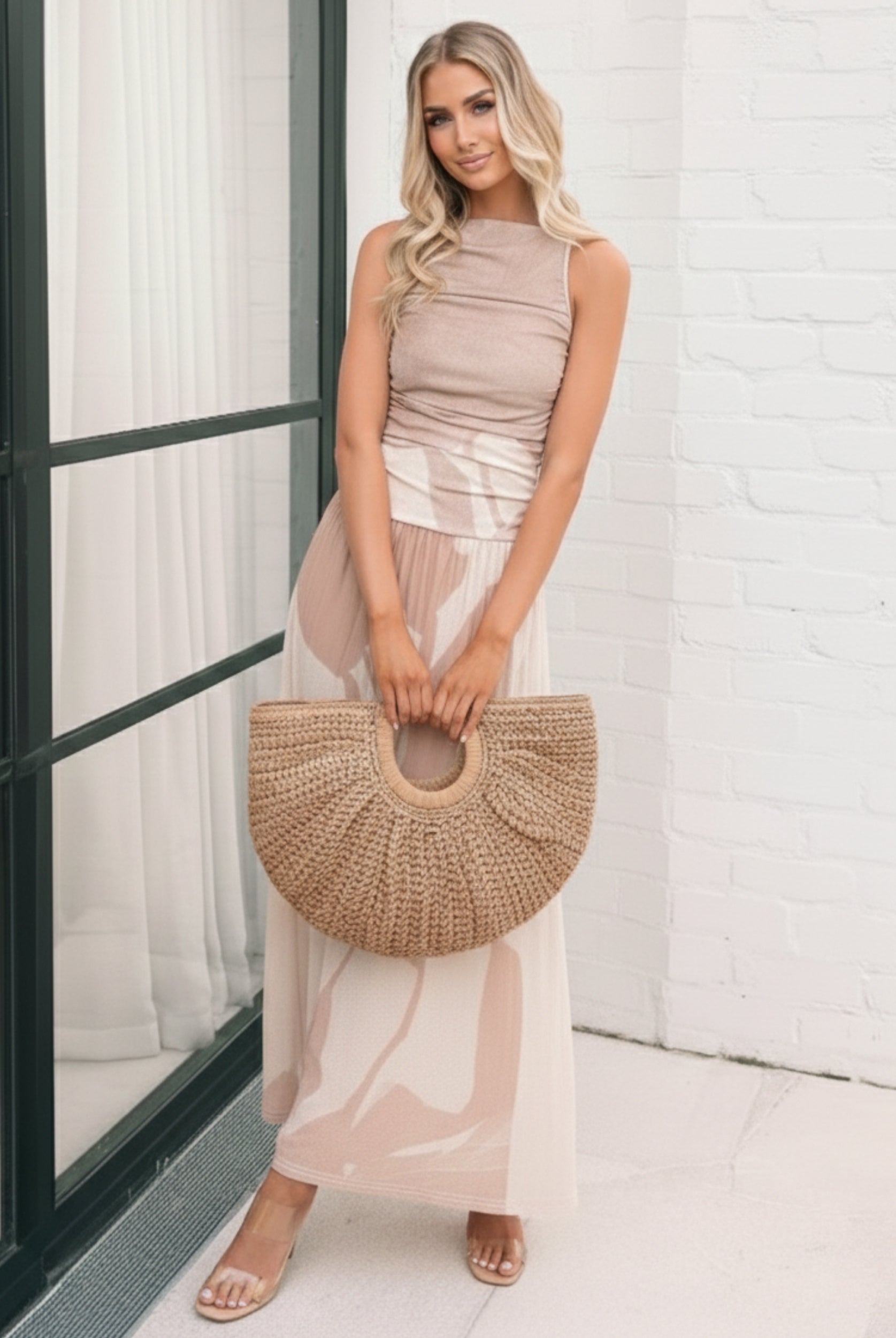 Balayage Dress in Beige Floral beige floral print maxi dress full length view