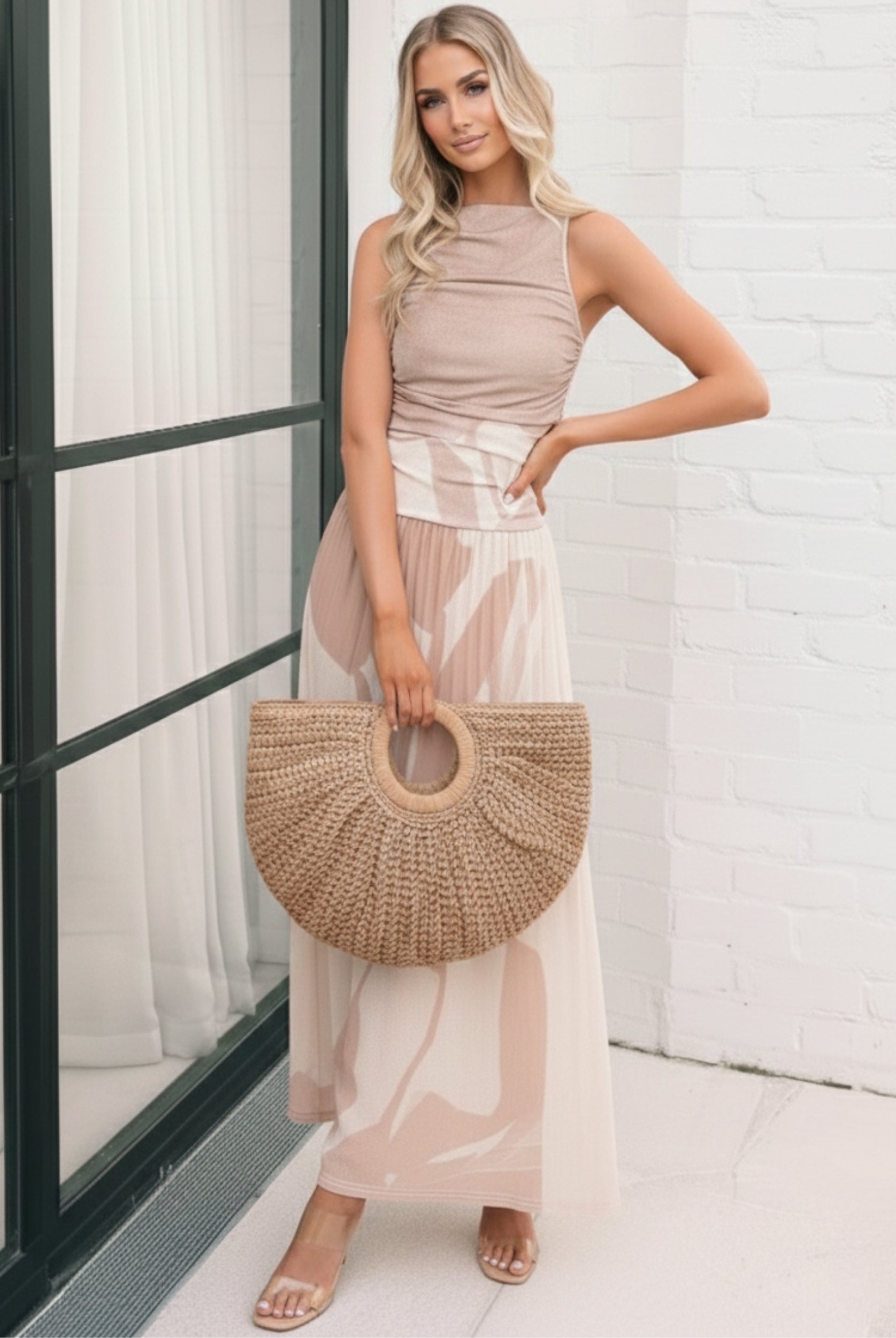Balayage Dress in Beige Floral womens beige floral maxi dress back view