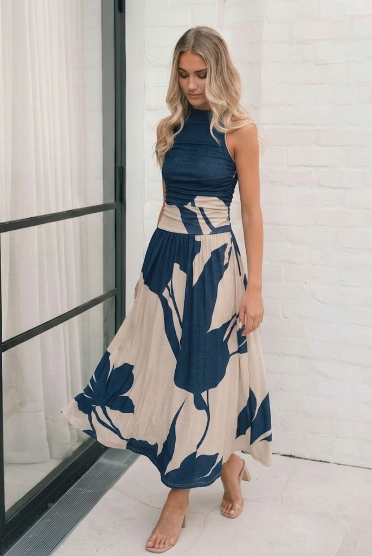 Balayage Dress in Navy Floral womens floral maxi dress in navy front view