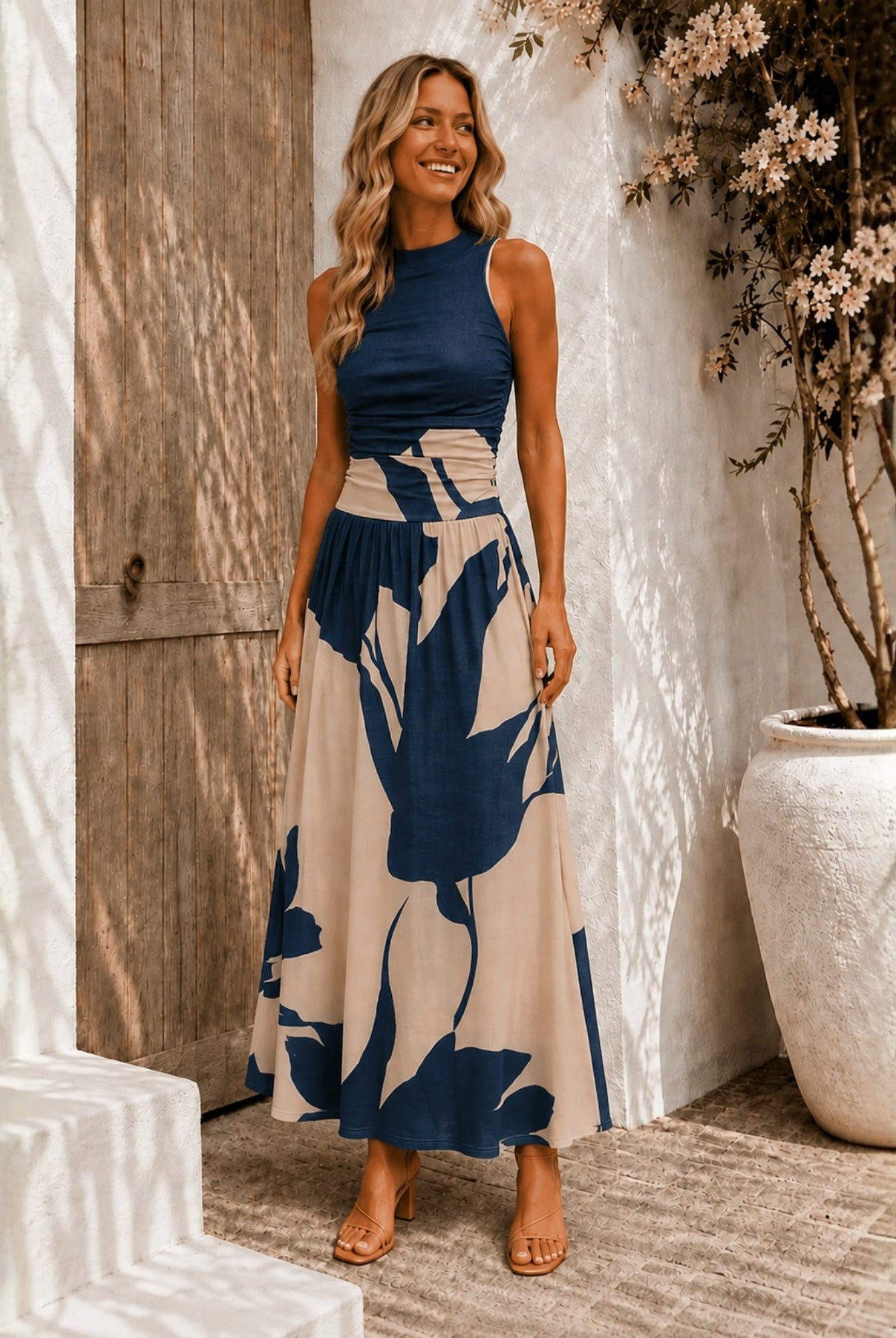Women's navy floral maxi dress front view, the Balayage Dress in Navy Floral by Esther & Co