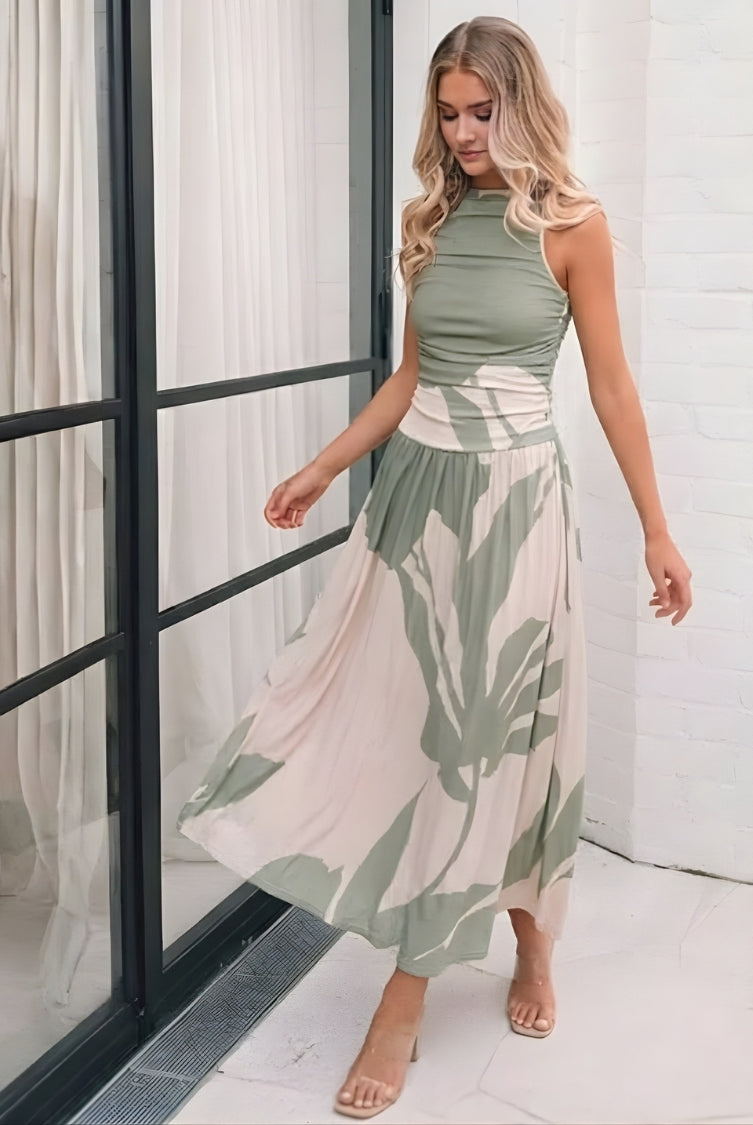 Balayage Dress in Sage Floral sage and cream floral maxi dress side view