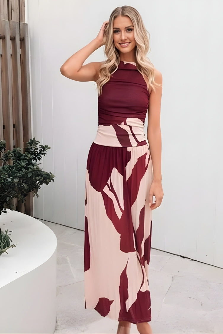 Balayage Dress in Wine Floral wine and light pink floral maxi side view