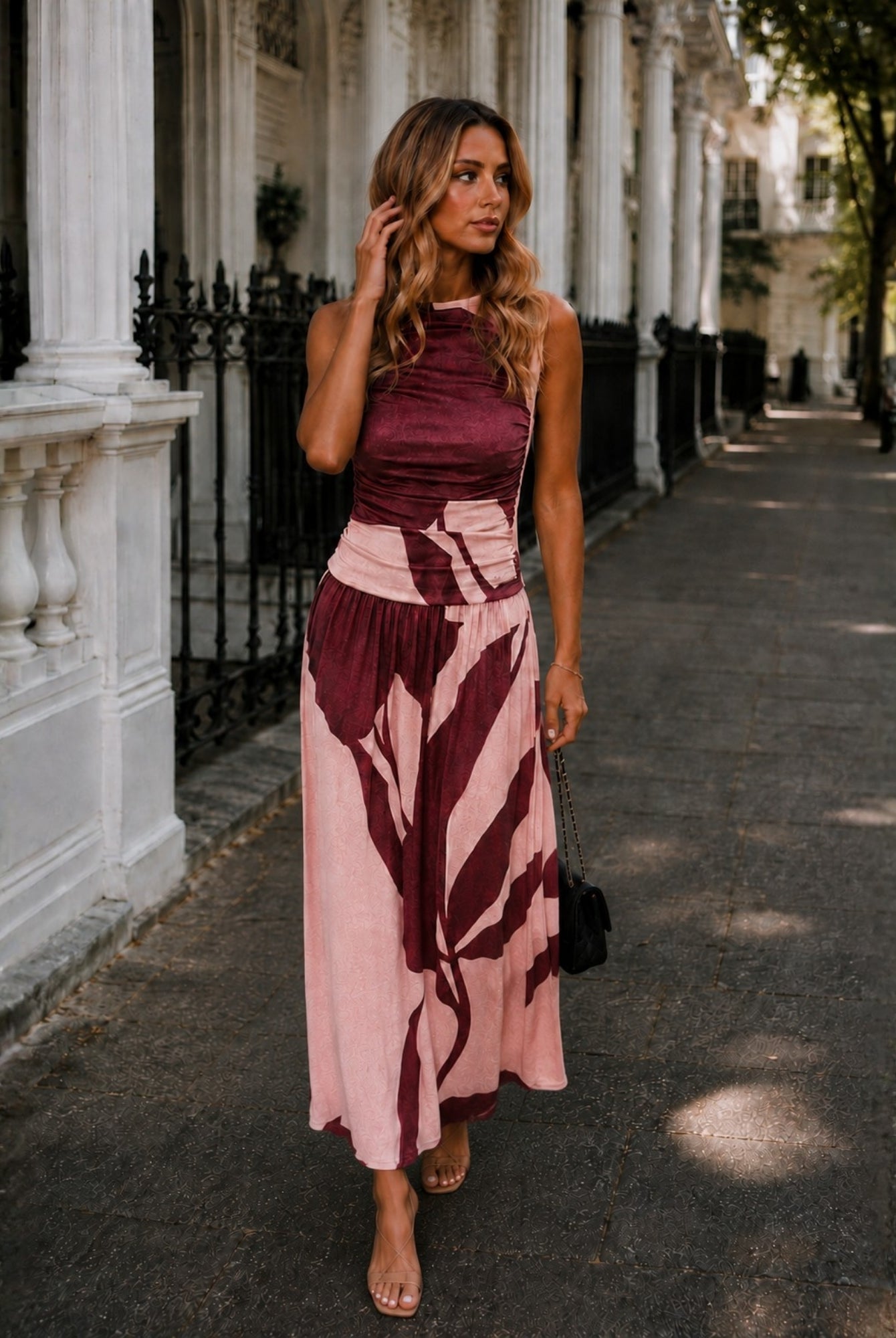 Women's wine floral print maxi dress side view, the Balayage Dress in Wine Floral by Esther & Co