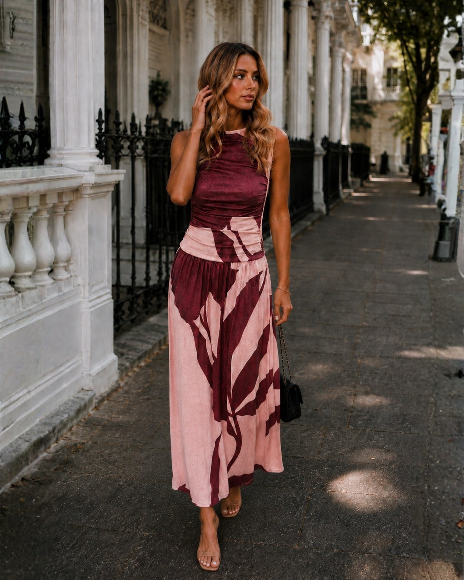 Women's wine floral print maxi dress side view, the Balayage Dress in Wine Floral by Esther & Co