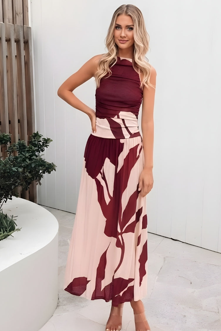 Balayage Dress in Wine Floral womens floral maxi dress in wine and pink front view