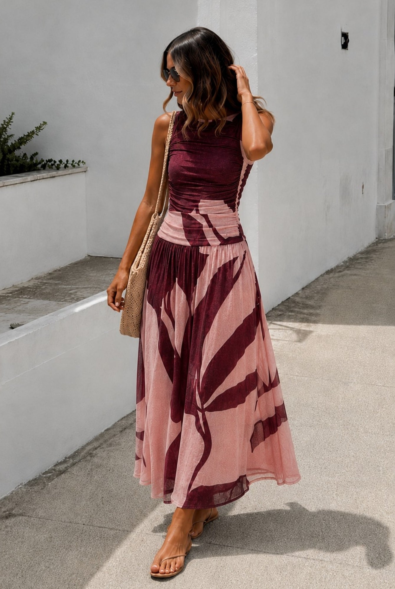 Women's wine floral print maxi dress side view, the Balayage Dress in Wine Floral by Esther & Co
