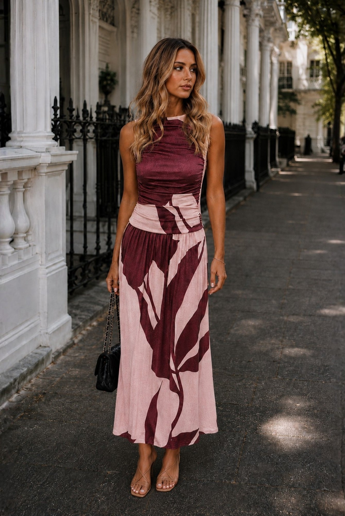 Women's sleeveless wine floral maxi dress, the Balayage Dress in Wine Floral by Esther & Co
