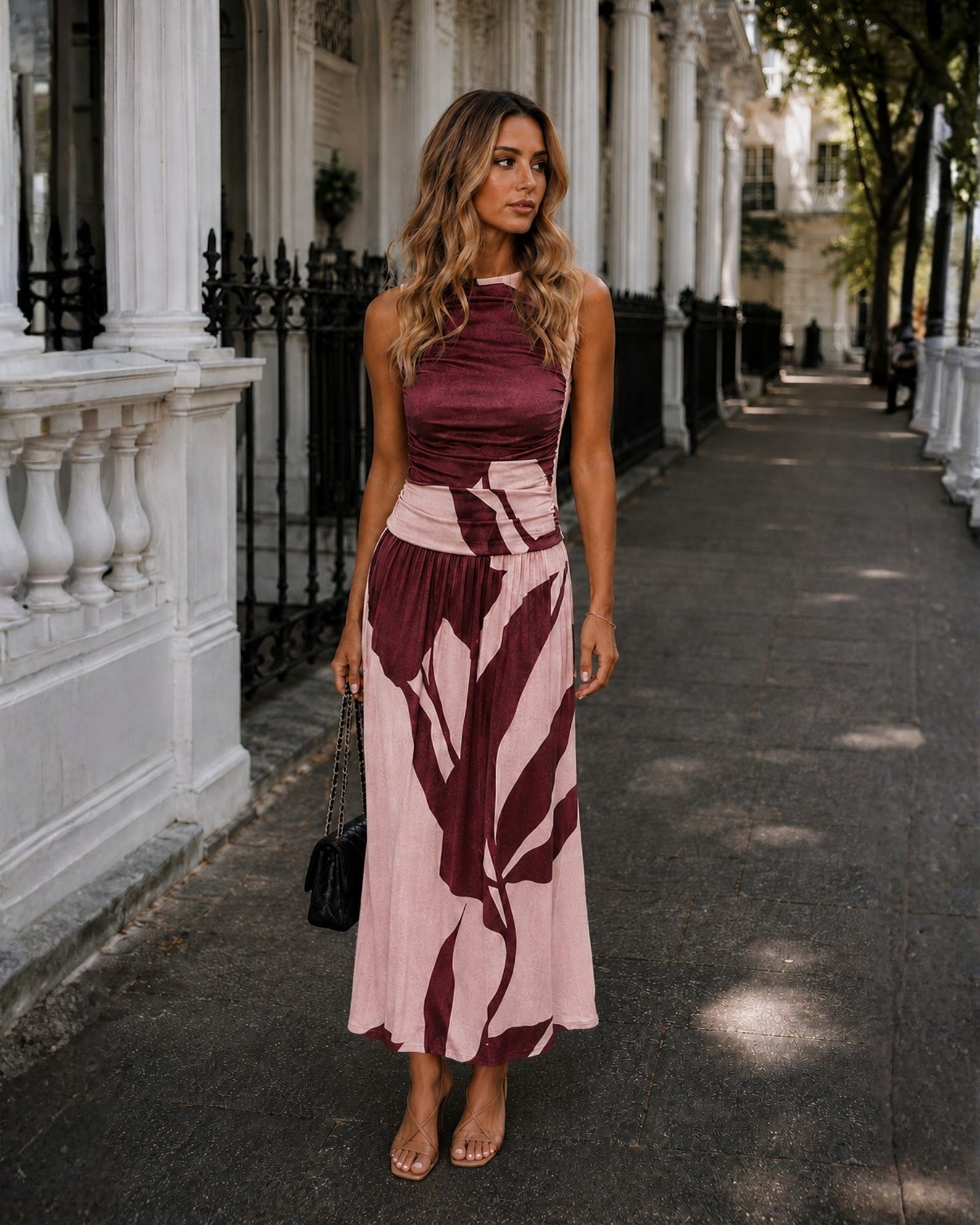 Women's sleeveless wine floral maxi dress, the Balayage Dress in Wine Floral by Esther & Co