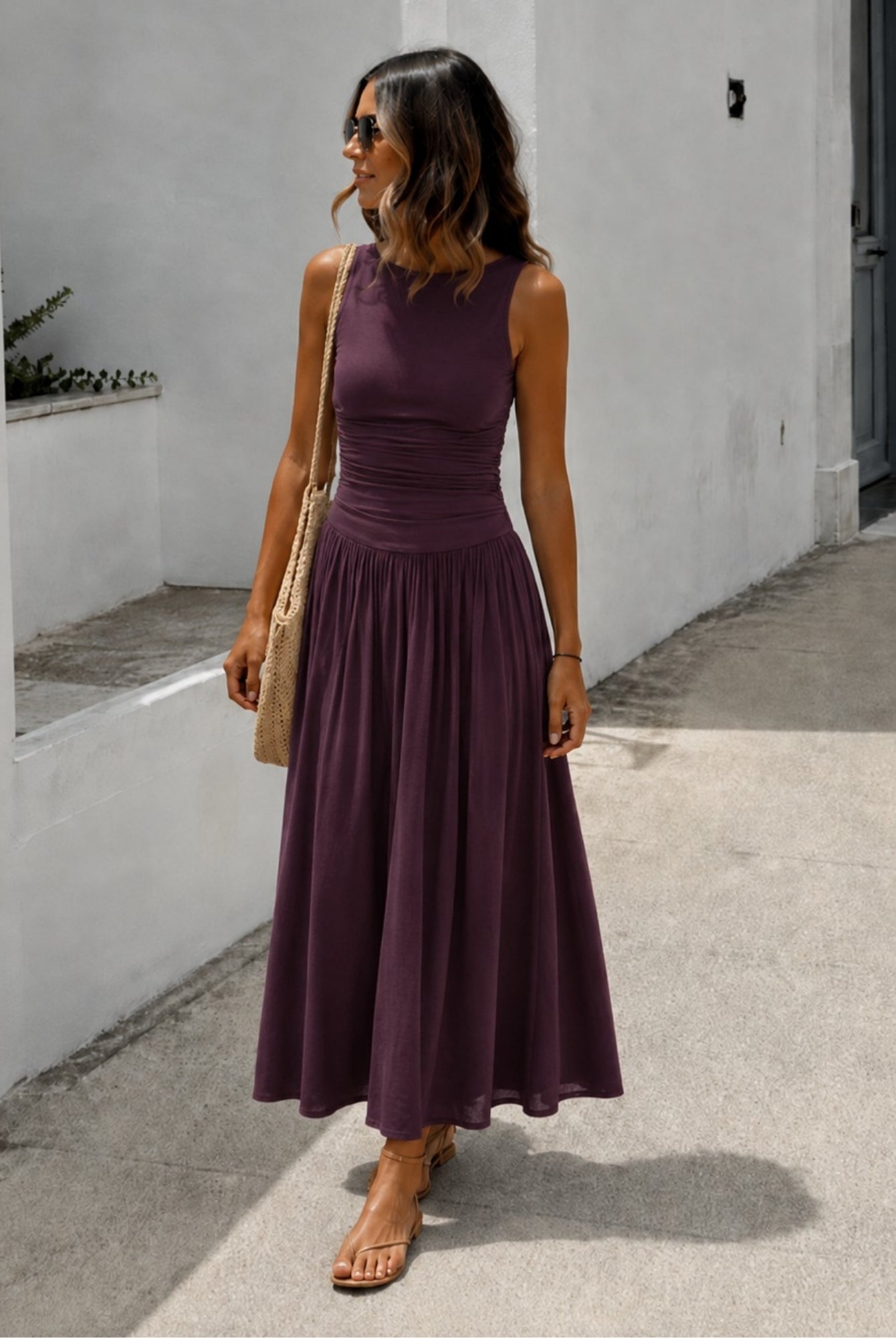 Women's wine sleeveless maxi dress with boat neckline, the Balayage Dress in Wine by Esther & Co