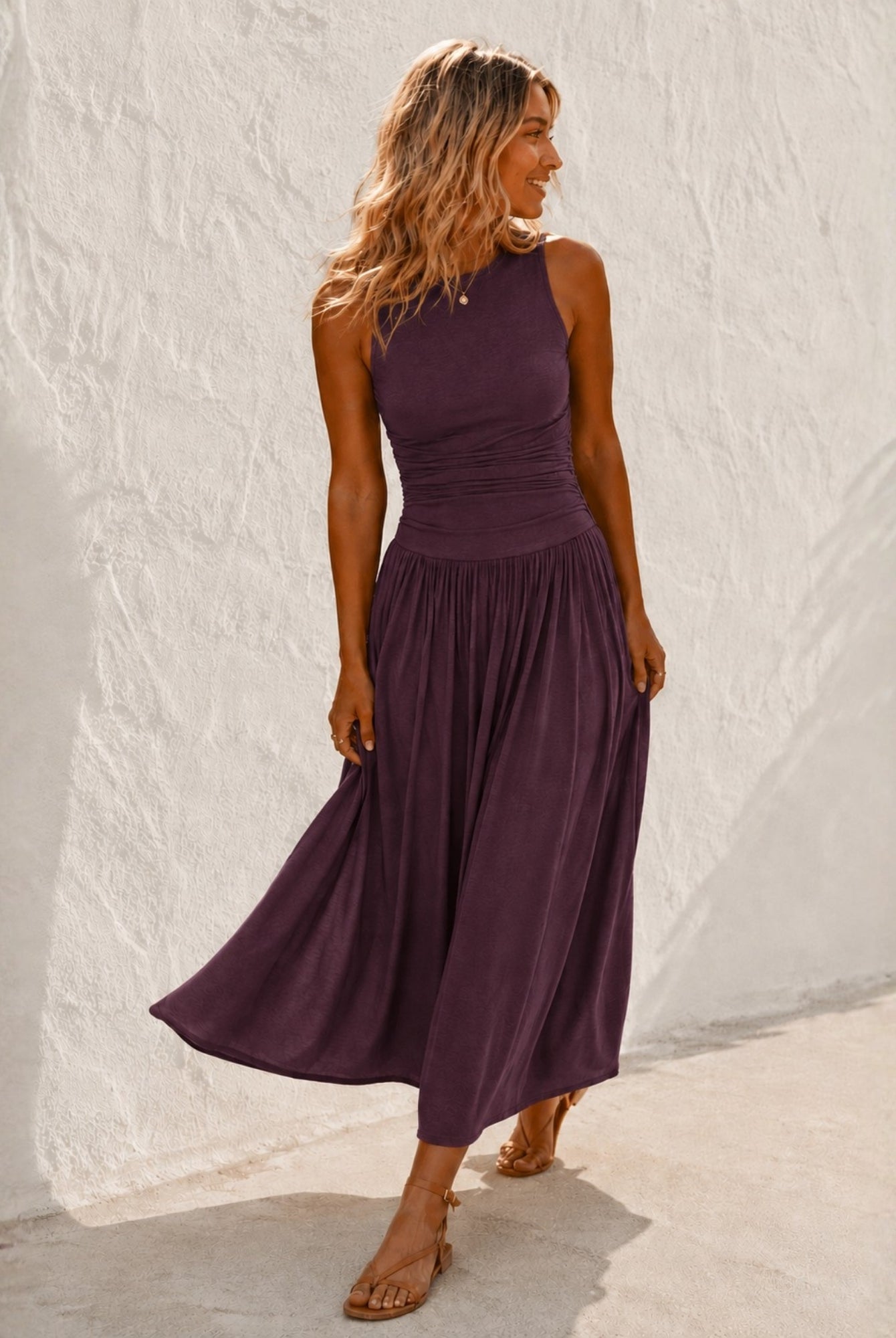 Women's wine sleeveless maxi dress with boat neckline, the Balayage Dress in Wine by Esther & Co