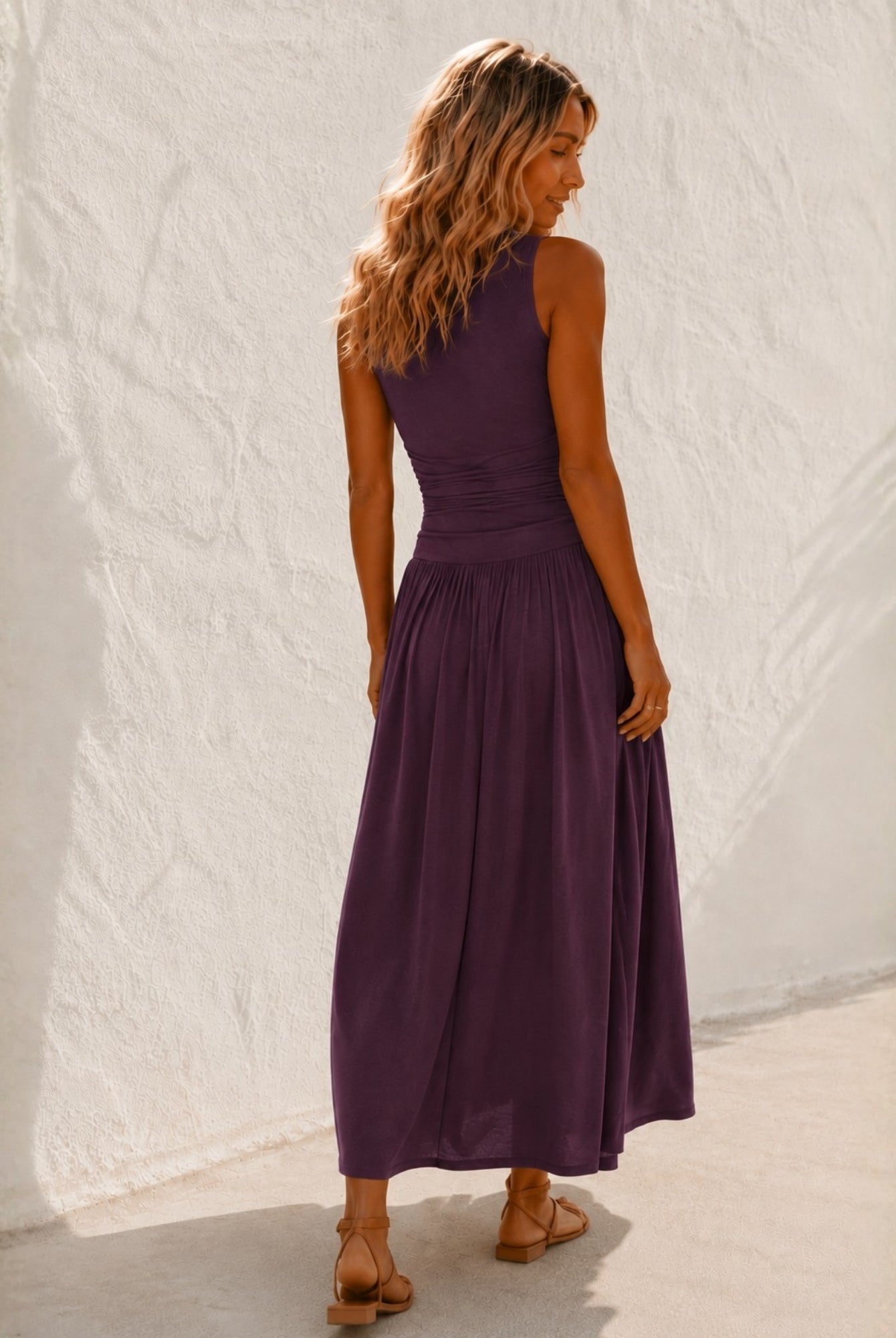 Women's wine boat neck maxi dress front view, the Balayage Dress in Wine by Esther & Co