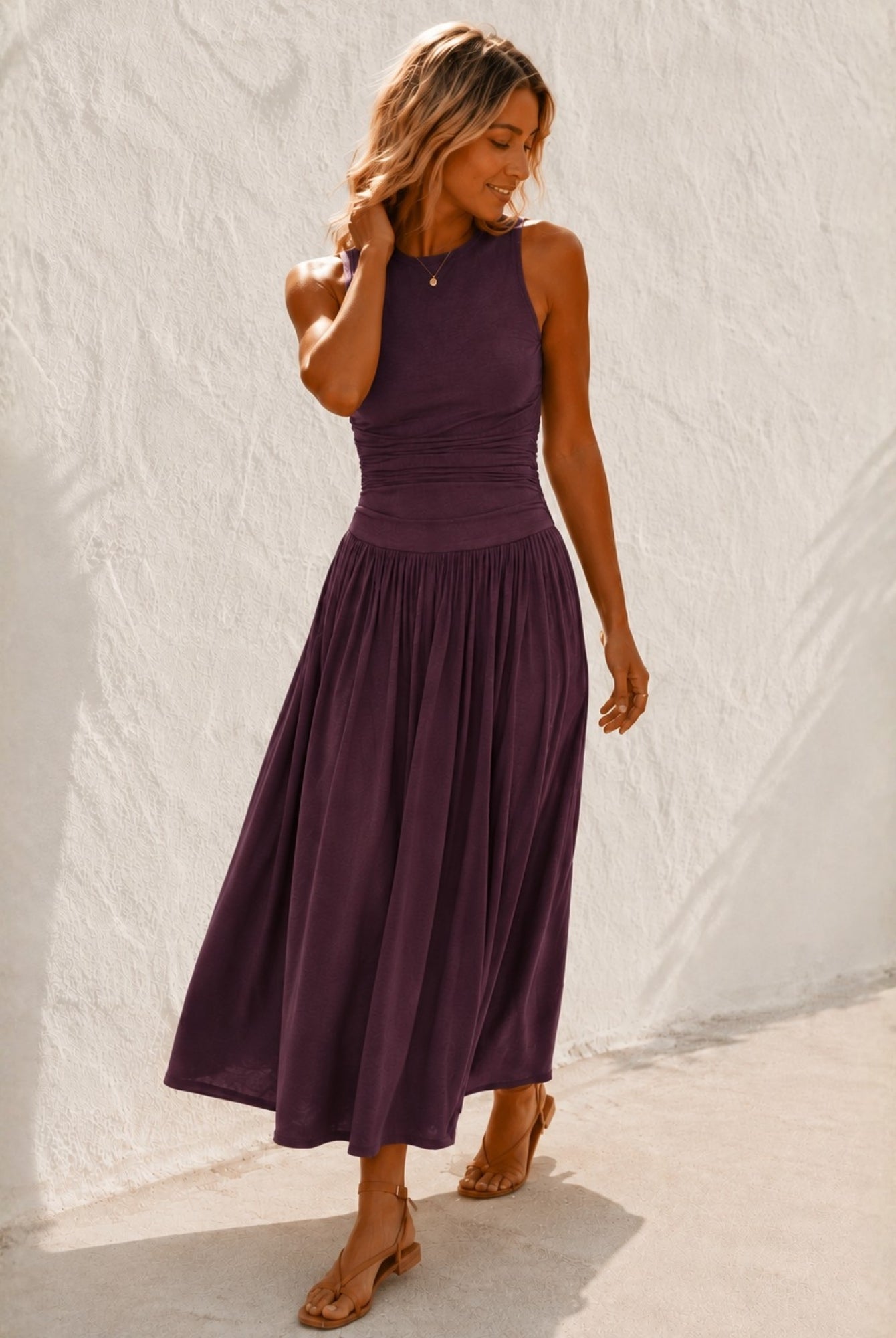 Women's wine sleeveless maxi dress side view, the Balayage Dress in Wine by Esther & Co
