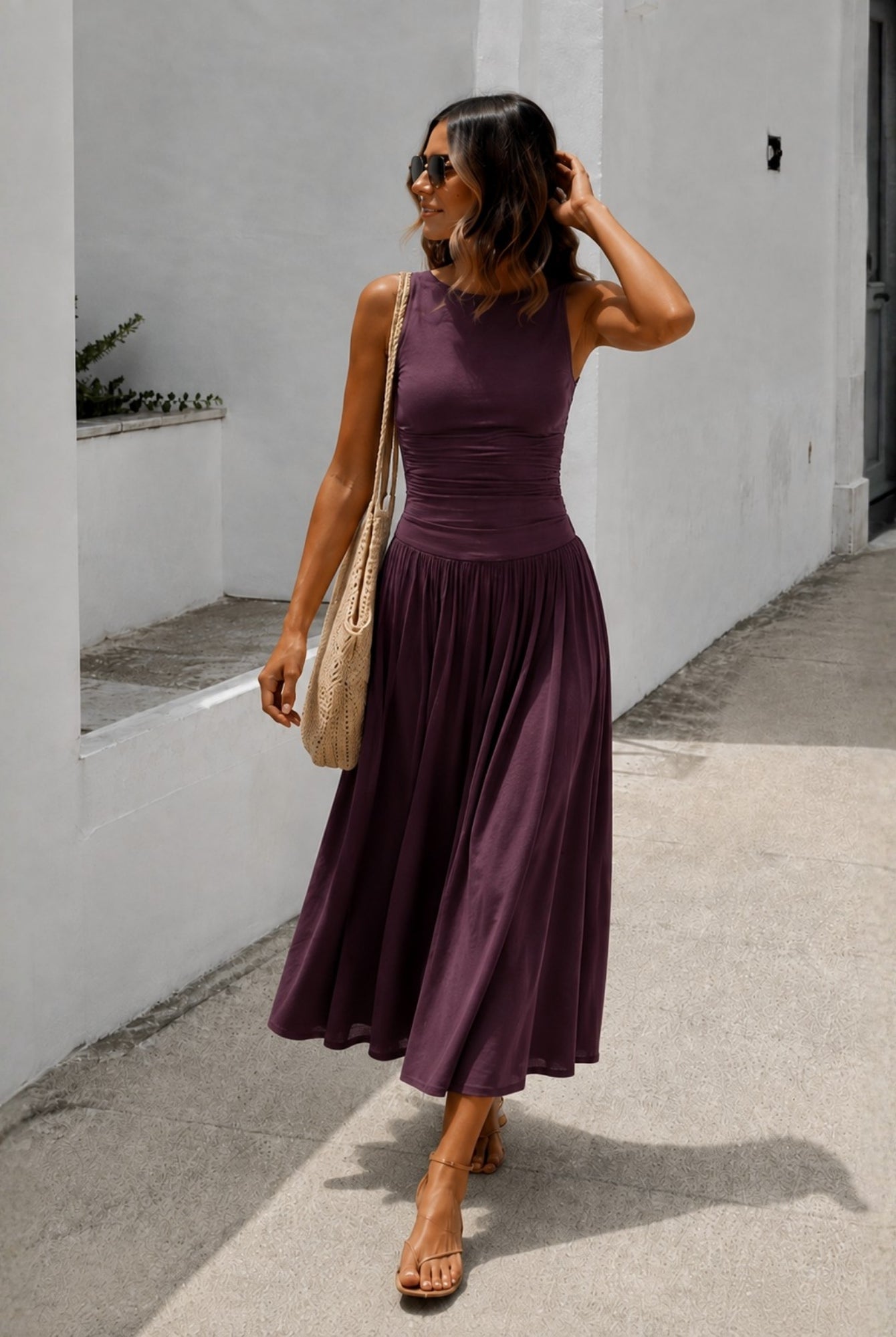 Women's wine sleeveless maxi dress side view, the Balayage Dress in Wine by Esther & Co