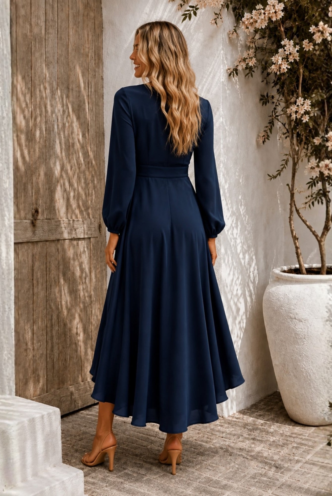 Women's navy formal satin maxi dress, the Bryleigh Dress in Navy by Esther & Co