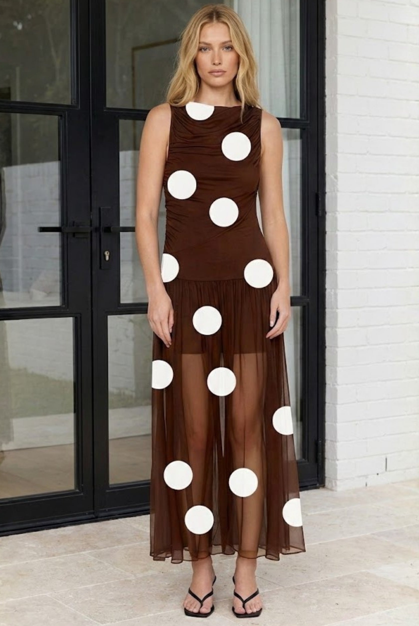 Women's brown polka dot maxi dress, the Cailee Brown Spot Dress by Esther & Co