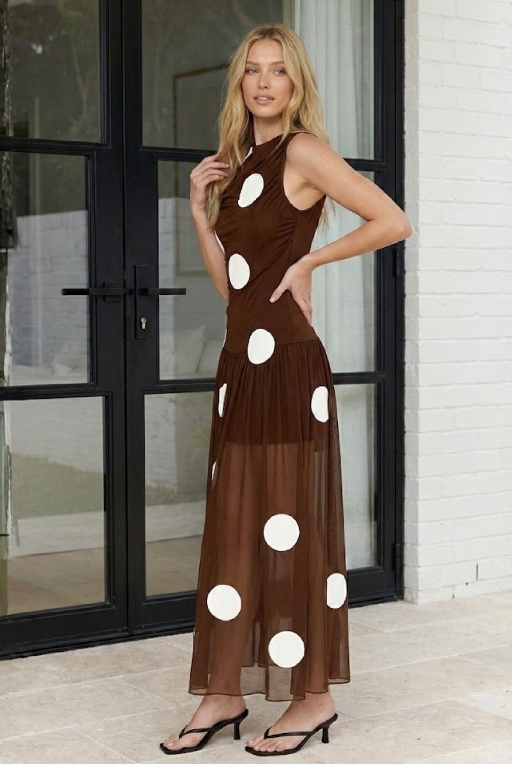 Women's brown spot maxi dress front view by Esther & Co