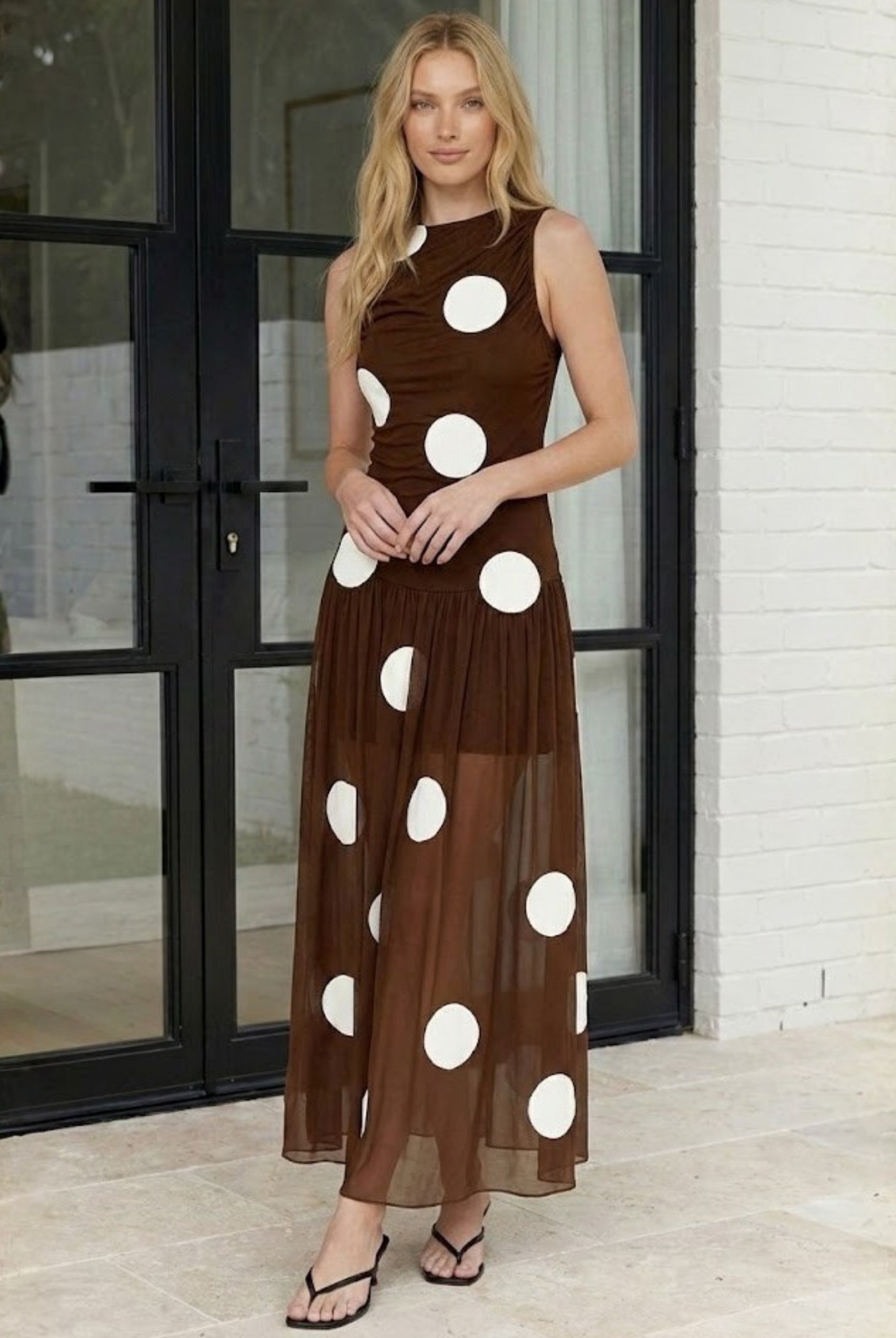Women's brown polka dot maxi dress styled outfit by Esther & Co