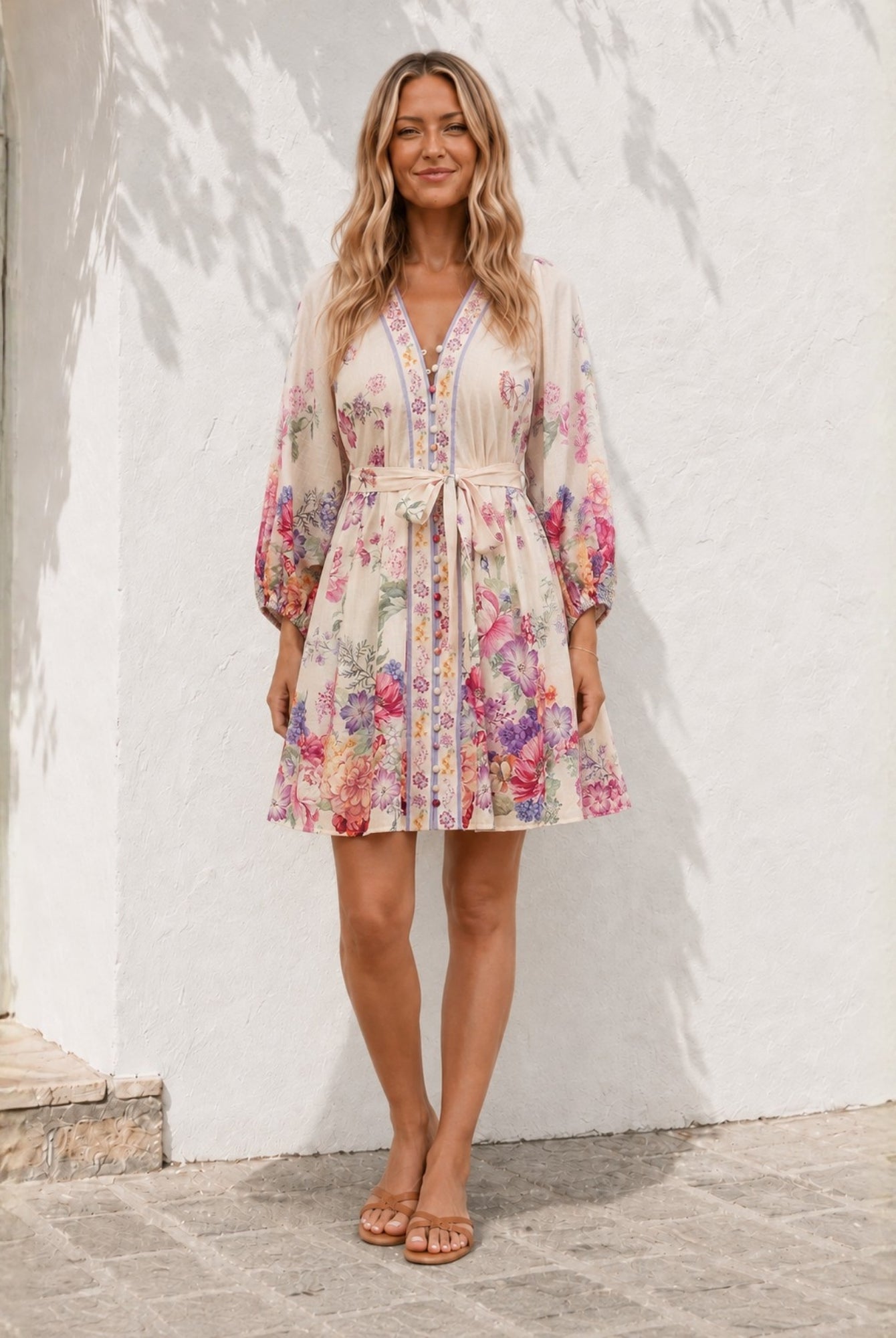 Women's cream floral print mini dress with bishop sleeves, the Carlisle Dress in Painted Petals by Esther & Co