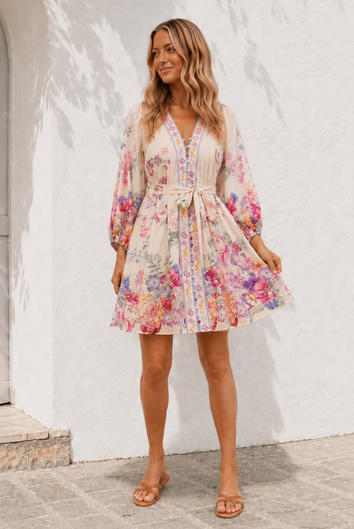 Women's cream floral print mini dress with a tie waist, the Carlisle Dress in Painted Petals by Esther & Co