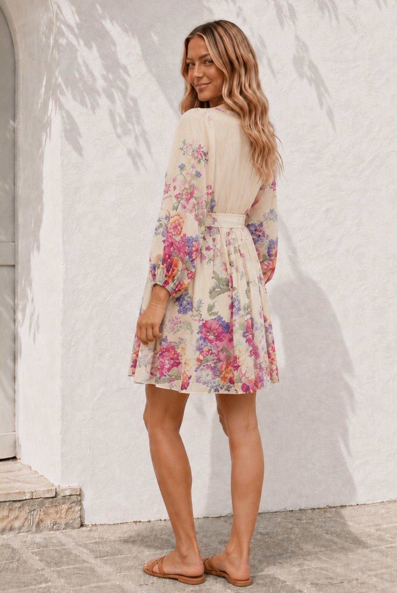 Women's cream and pink floral print mini dress, the Carlisle Dress in Painted Petals by Esther & Co