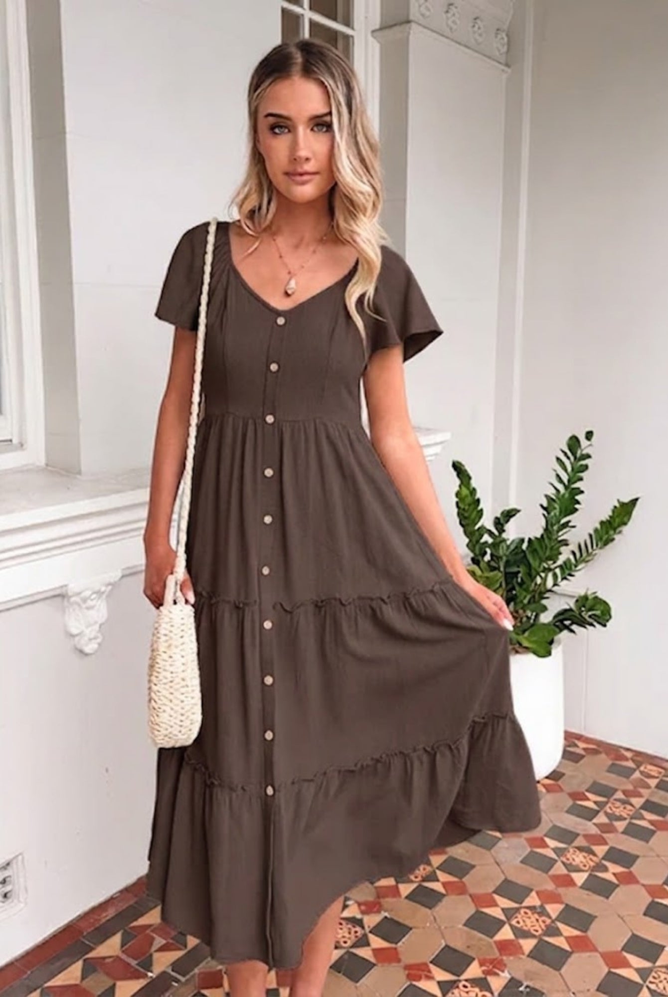 Celie Dress in Cocoa womens linen midi dress in cocoa brown front view