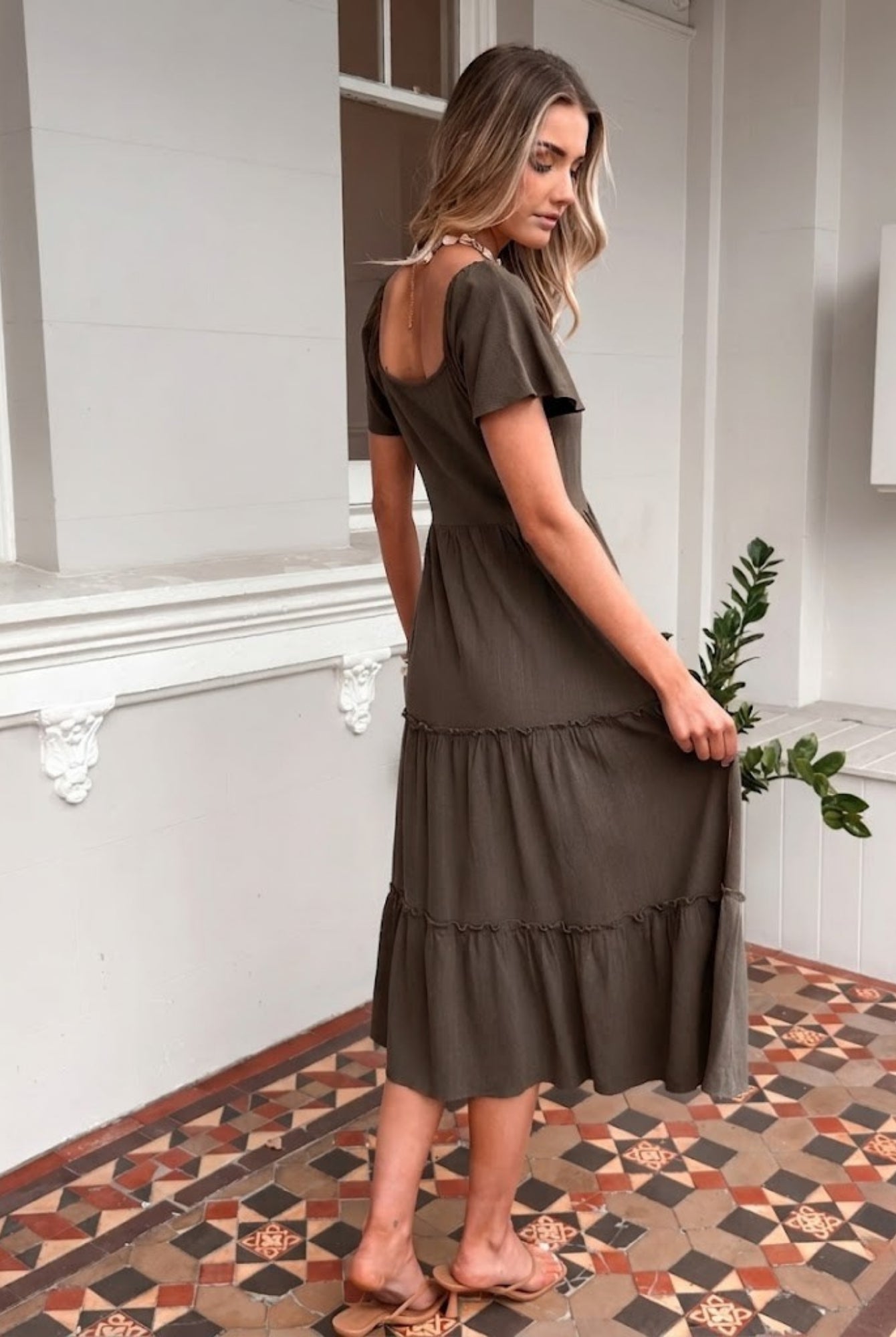 Celie Dress in Cocoa womens cocoa linen midi dress styled outfit