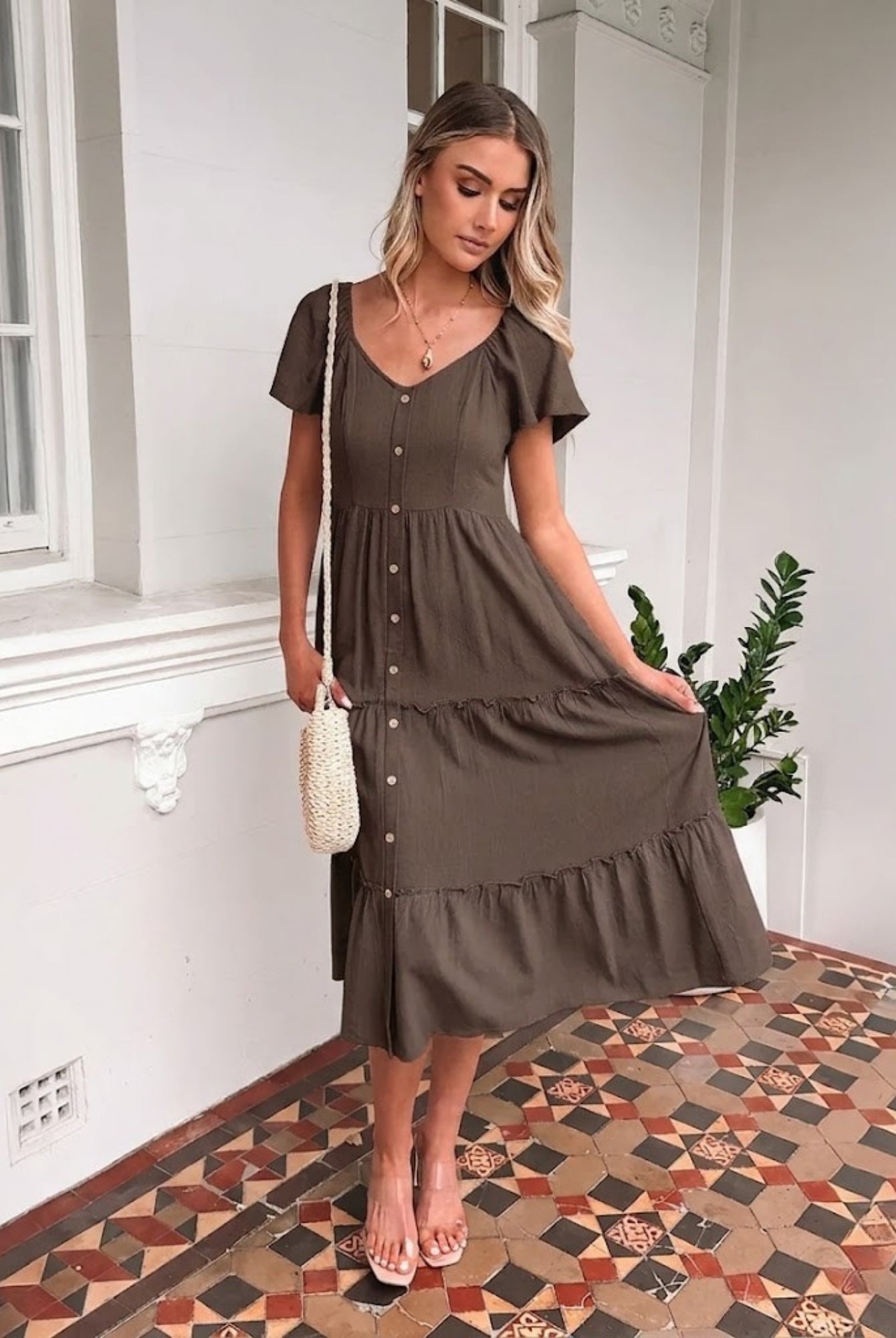 Celie Dress in Cocoa womens cocoa linen midi dress back view