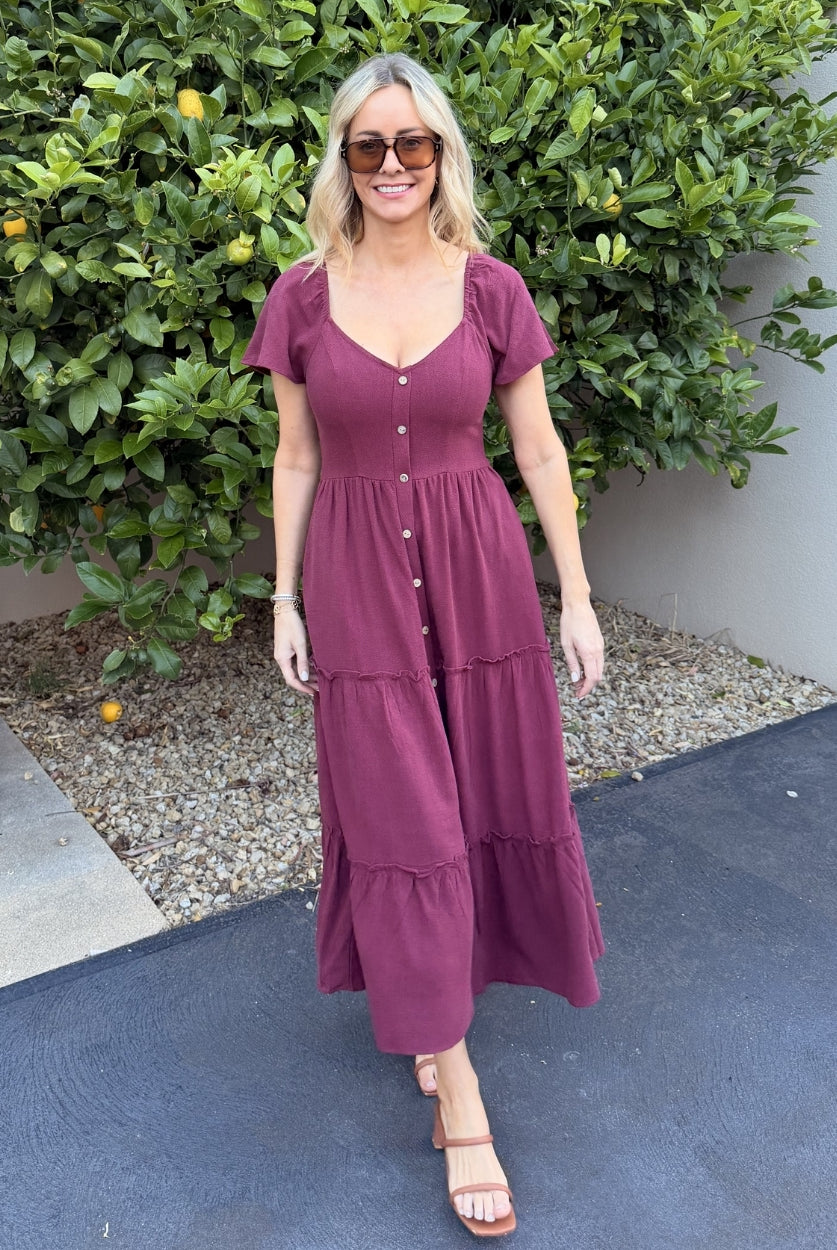 Celie bordeaux linen midi dress, detail view