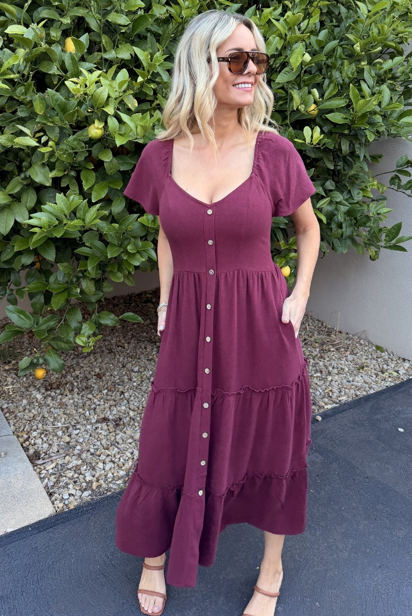 Celie bordeaux linen midi dress, styled look