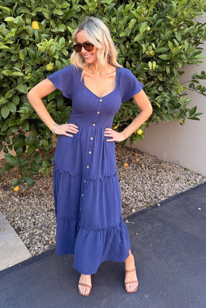 Celie navy linen midi dress, side view
