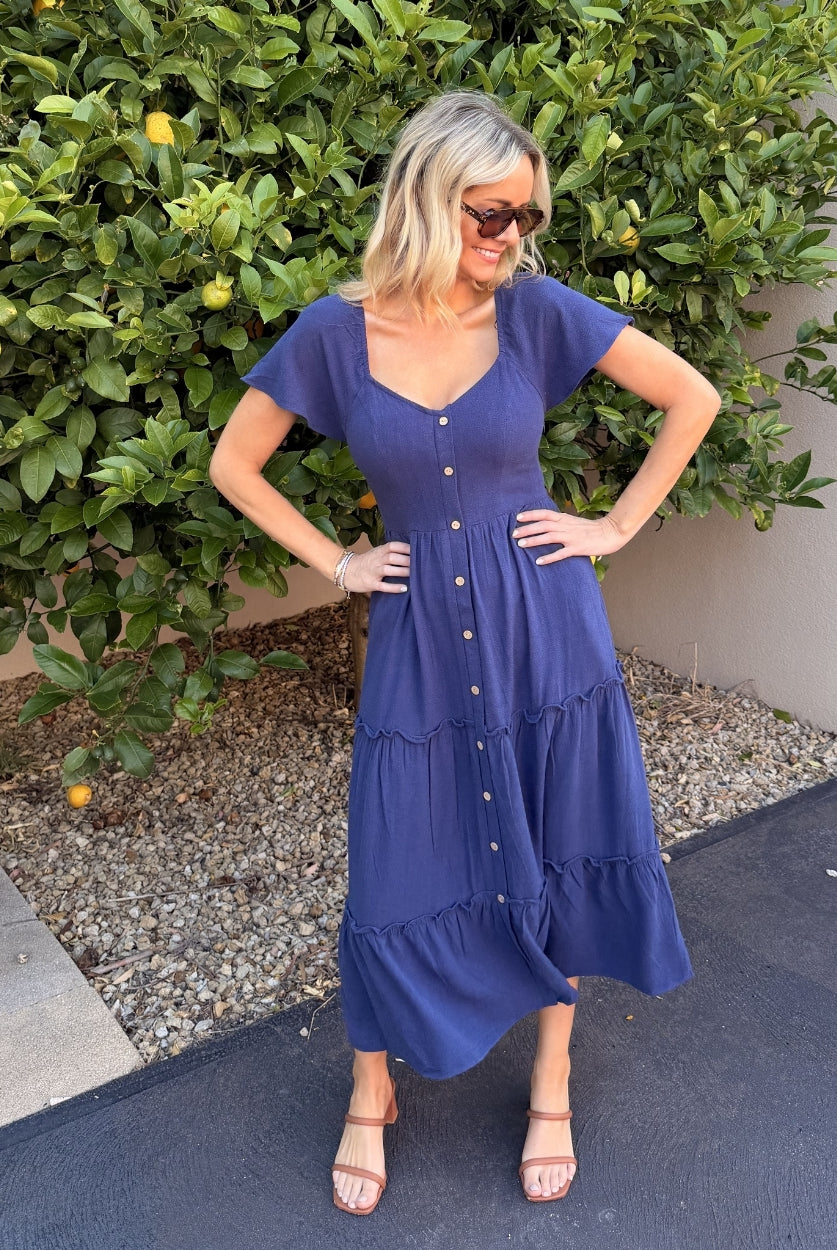 Celie navy linen midi dress, full length
