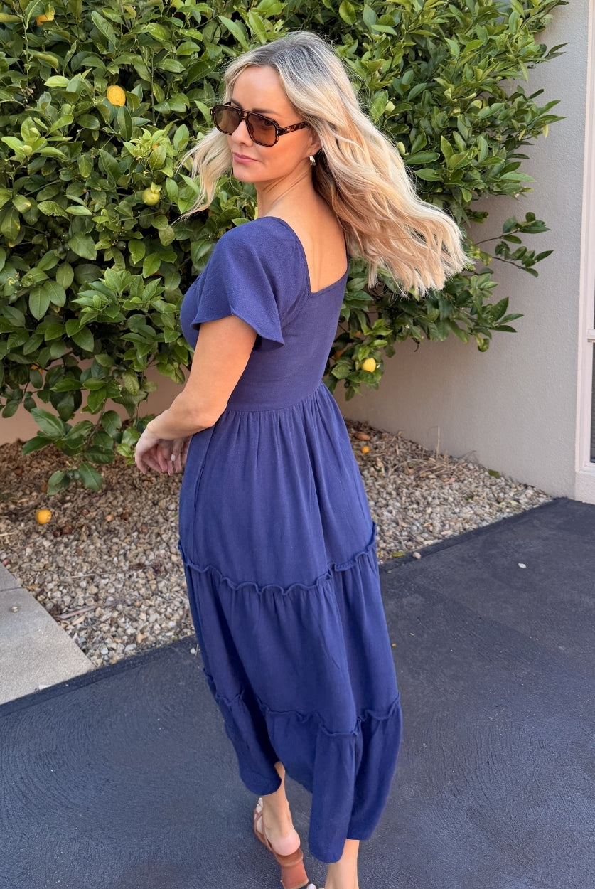 Celie navy linen midi dress, back view