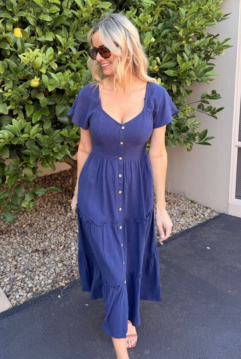 Celie navy linen midi dress, styled look