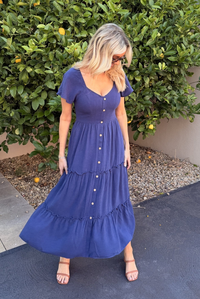 Celie navy linen midi dress, detail view