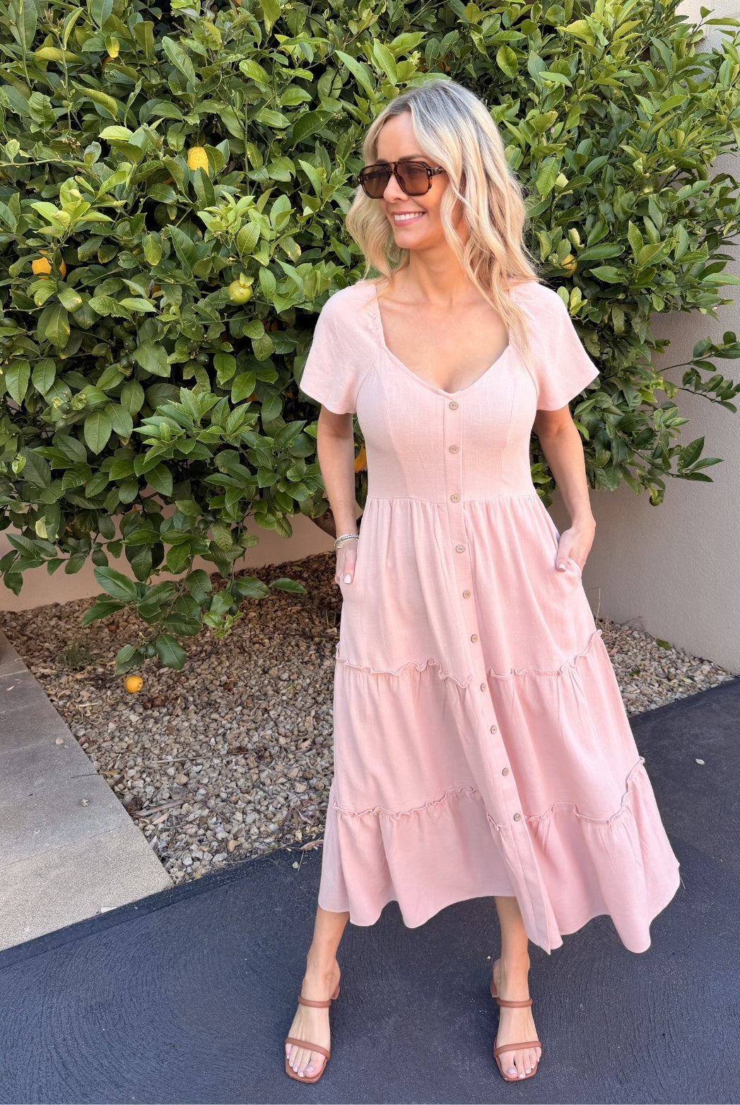 Celie pink linen midi dress, full length