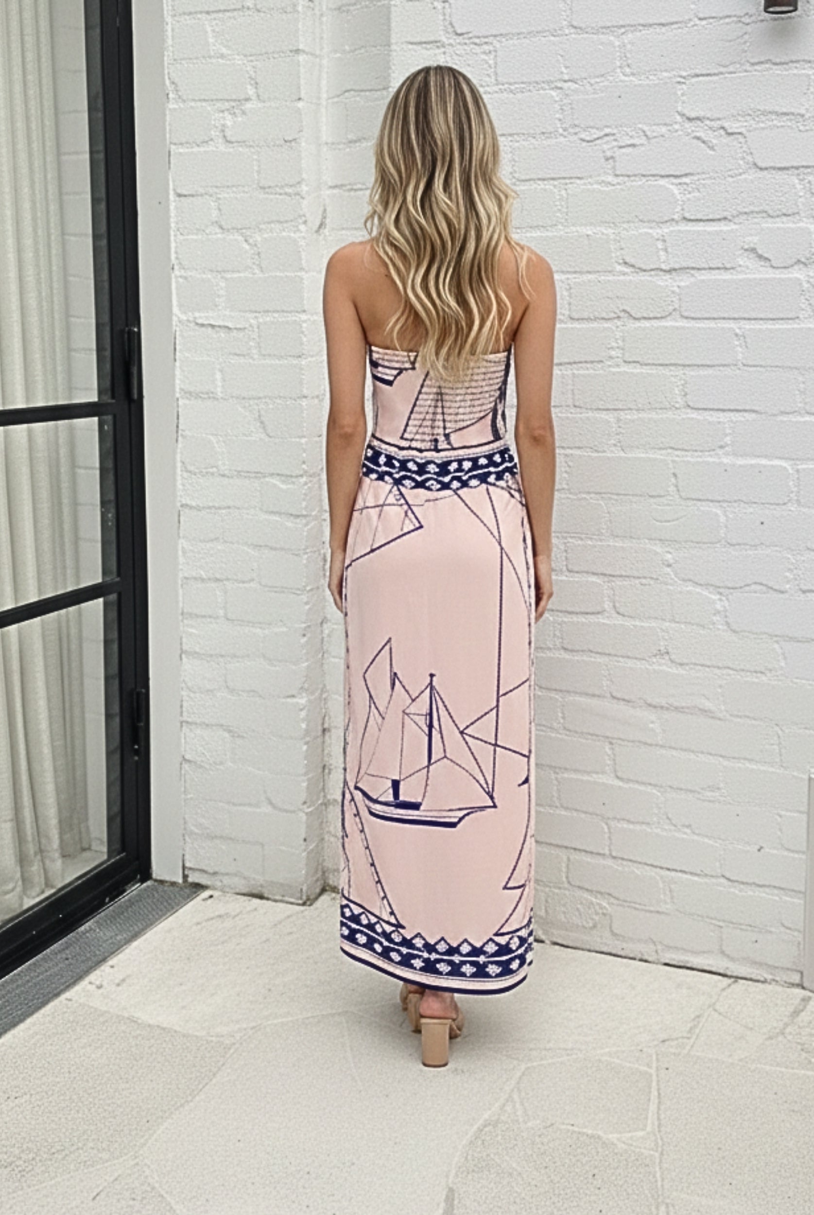 Women's apricot print strapless maxi dress front view by Esther & Co