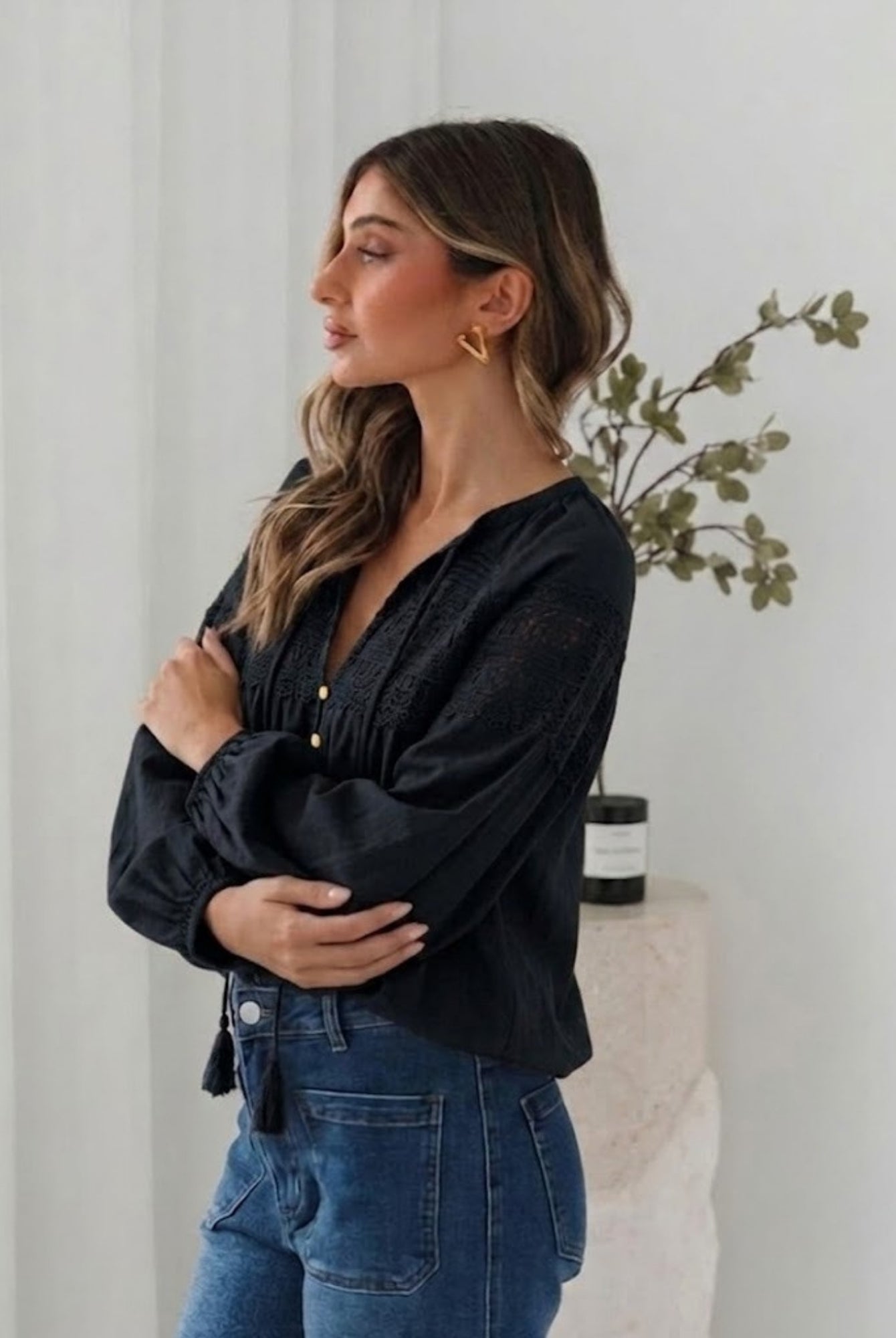 Women's boho black lace blouse with balloon sleeves by Esther & Co