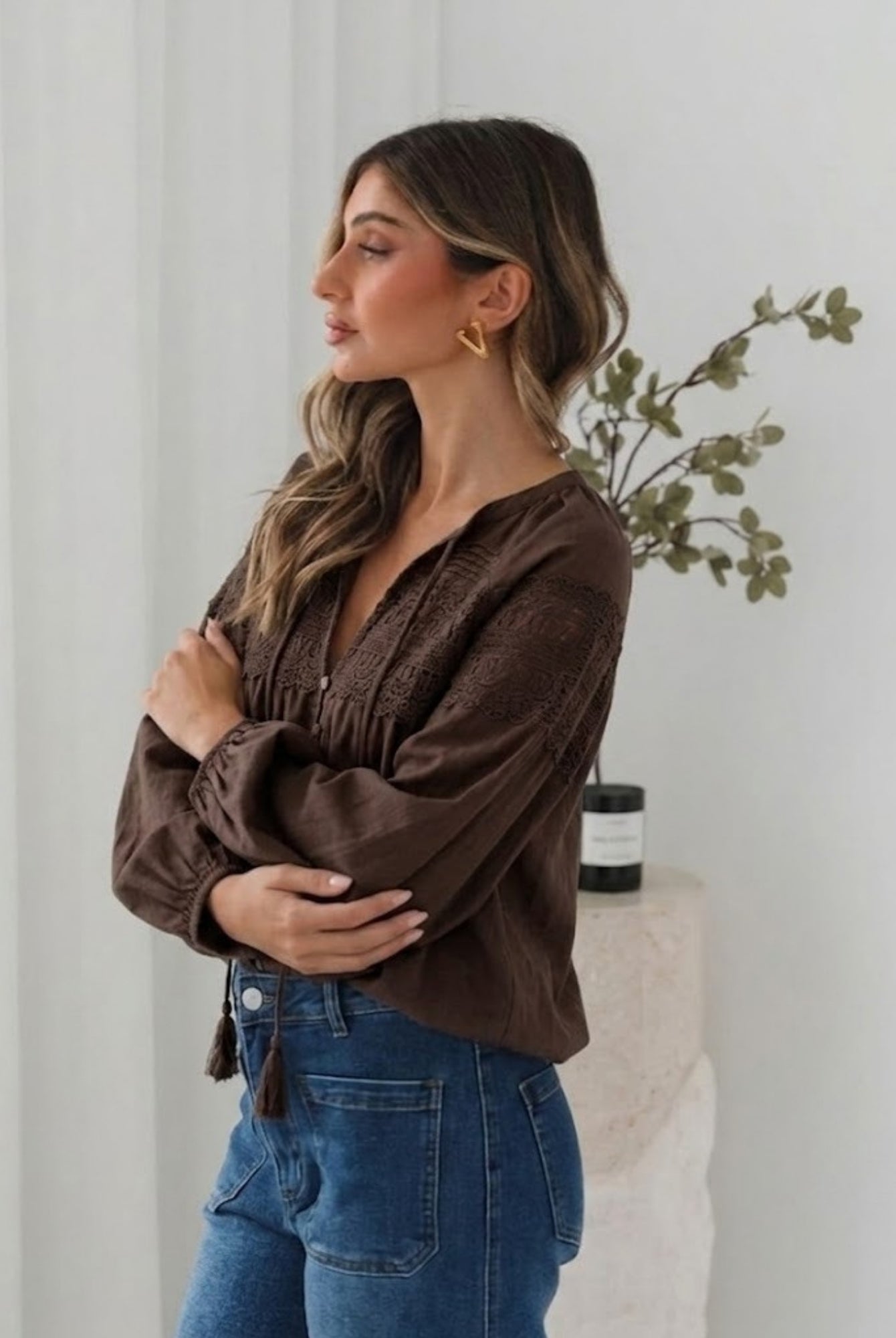 Women's chocolate lace blouse with fabric tie detail by Esther & Co