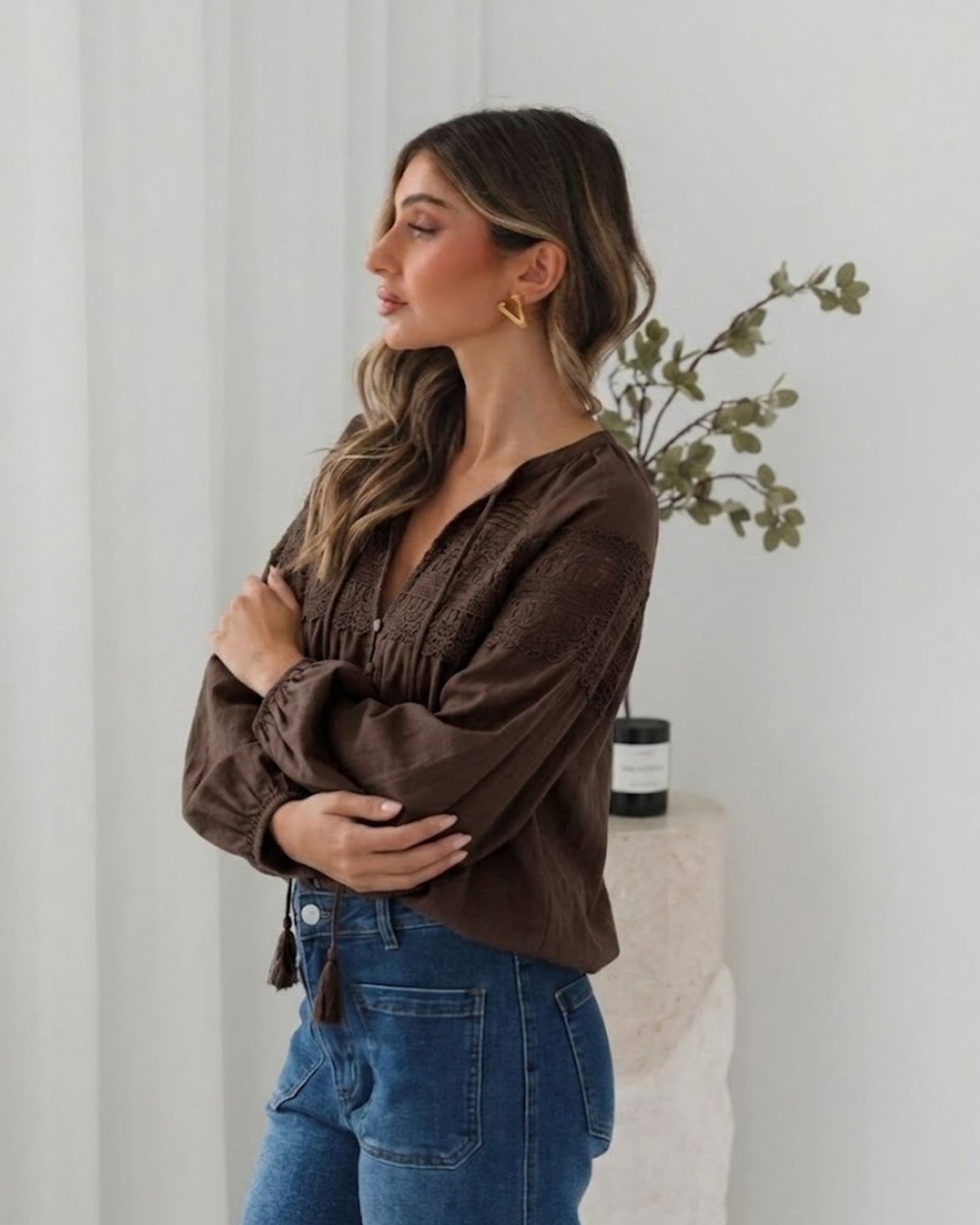 Women's chocolate lace blouse with fabric tie detail by Esther & Co