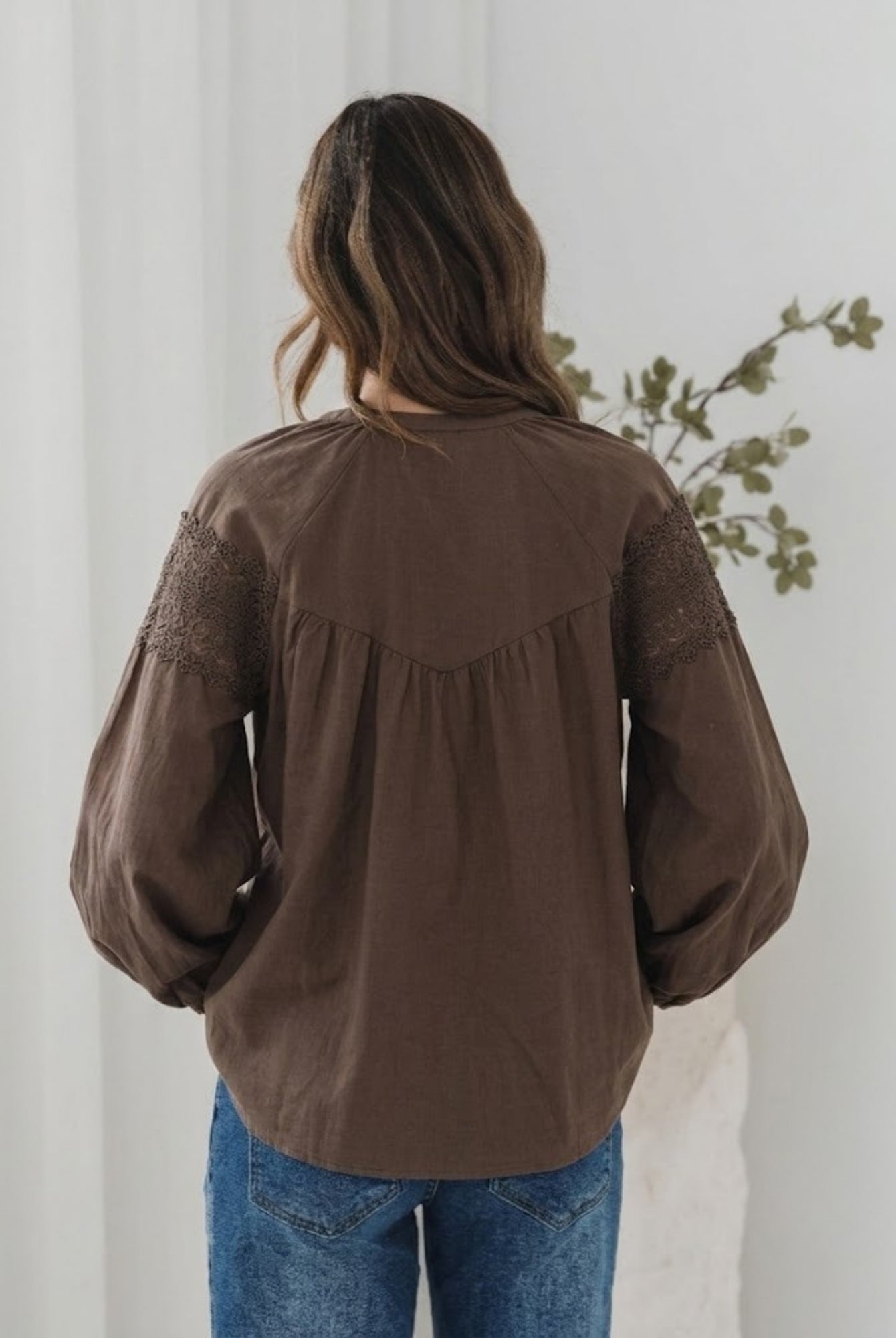 Women's boho chocolate lace blouse with balloon sleeves by Esther & Co