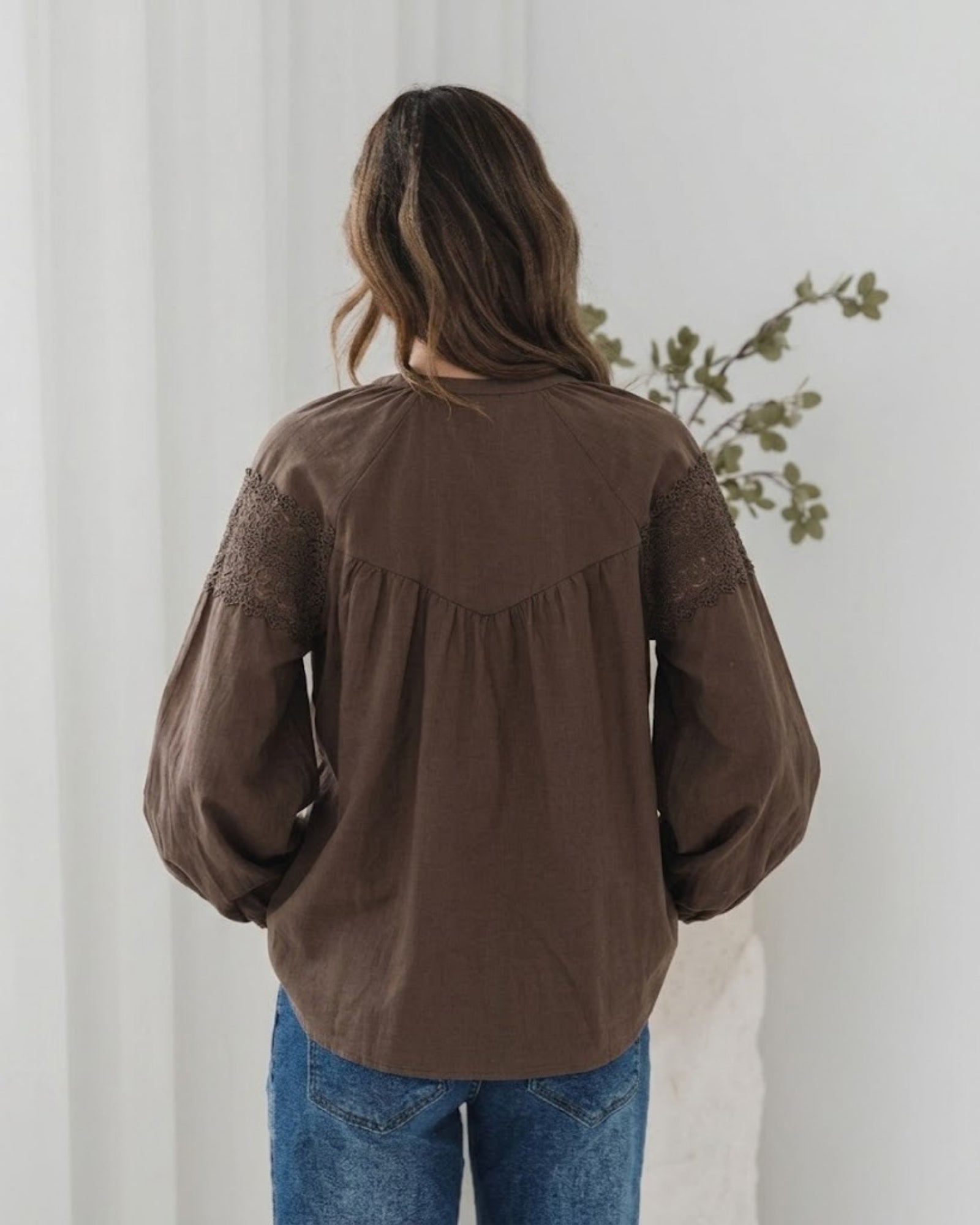 Women's boho chocolate lace blouse with balloon sleeves by Esther & Co