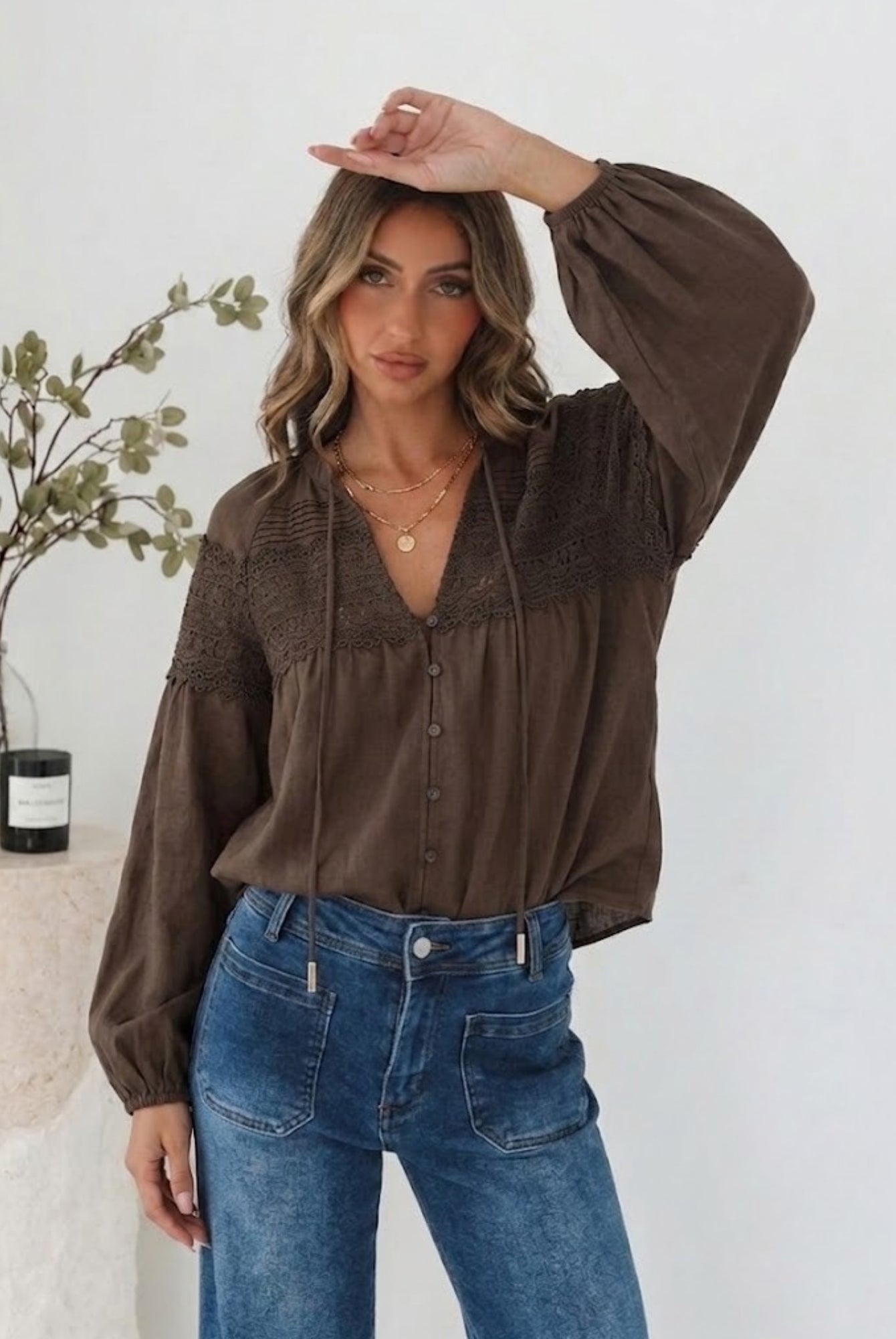 Women's chocolate lace blouse with V neckline and balloon sleeves, the Chenille Blouse in Choc Lace by Esther & Co
