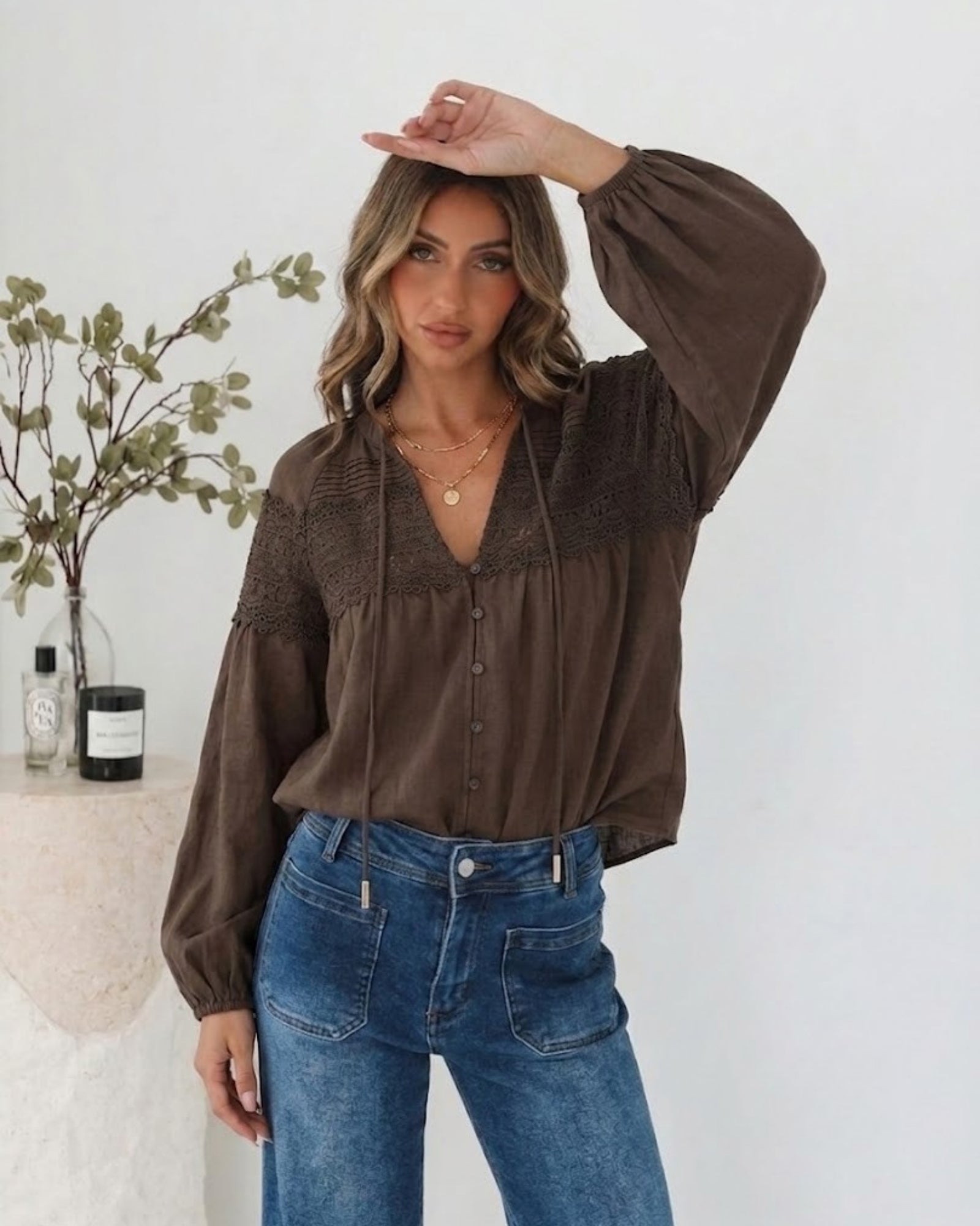 Women's chocolate lace blouse with V neckline and balloon sleeves, the Chenille Blouse in Choc Lace by Esther & Co